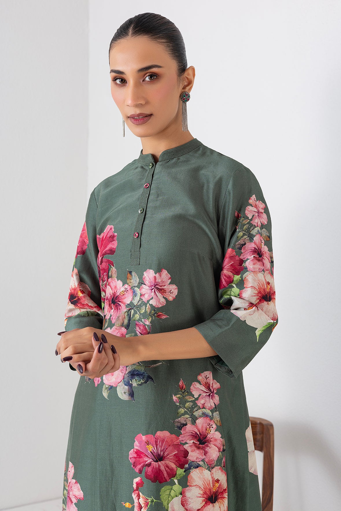 Eucalyptus Silk Chanderi Hibiscus Printed Tunic