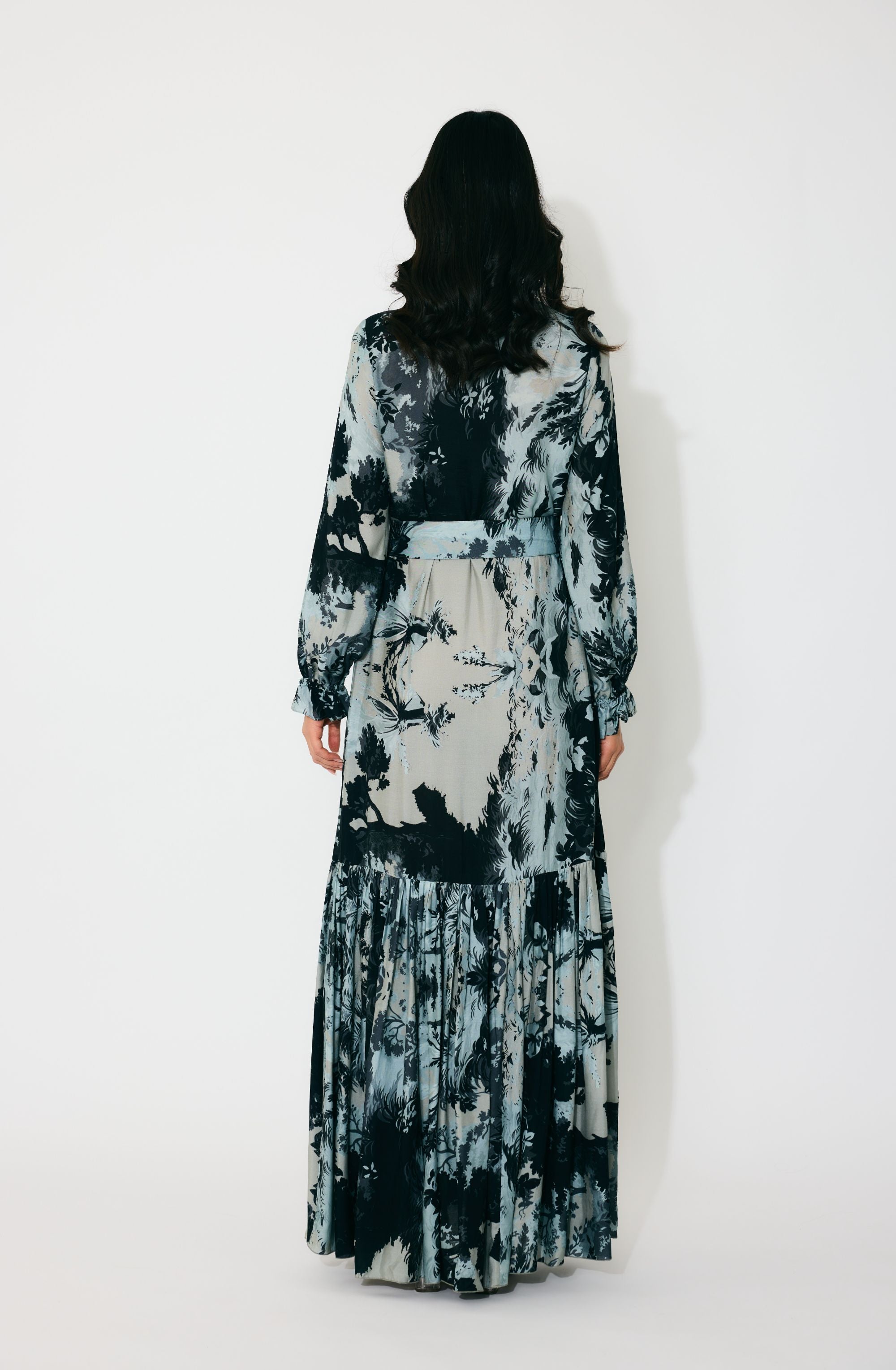 GREY, BLACK AND BEIGE TOILE PRINT LONG SHIRT DRESS