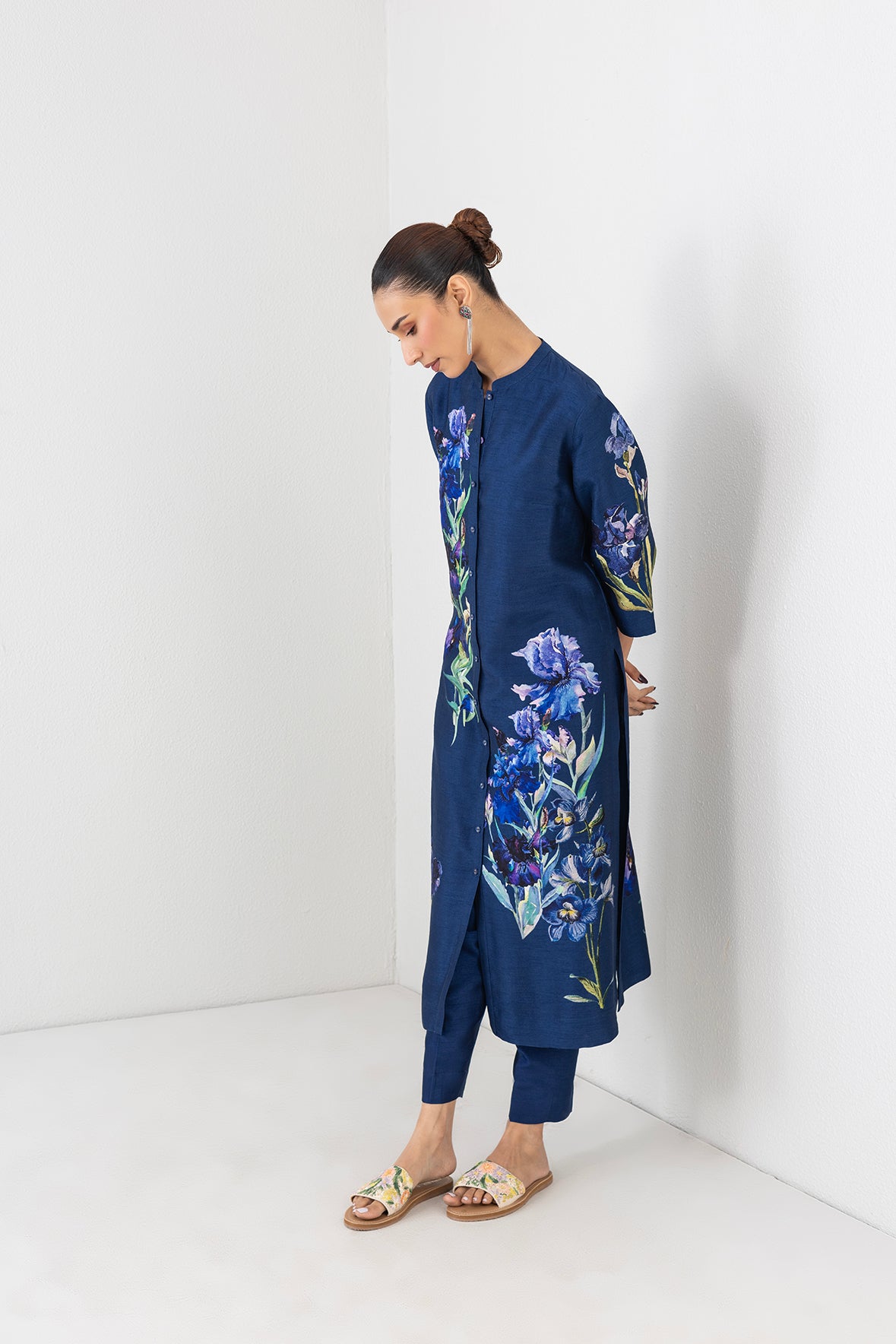 Blue Lagoon Dupion Floral Buta Printed Tunic