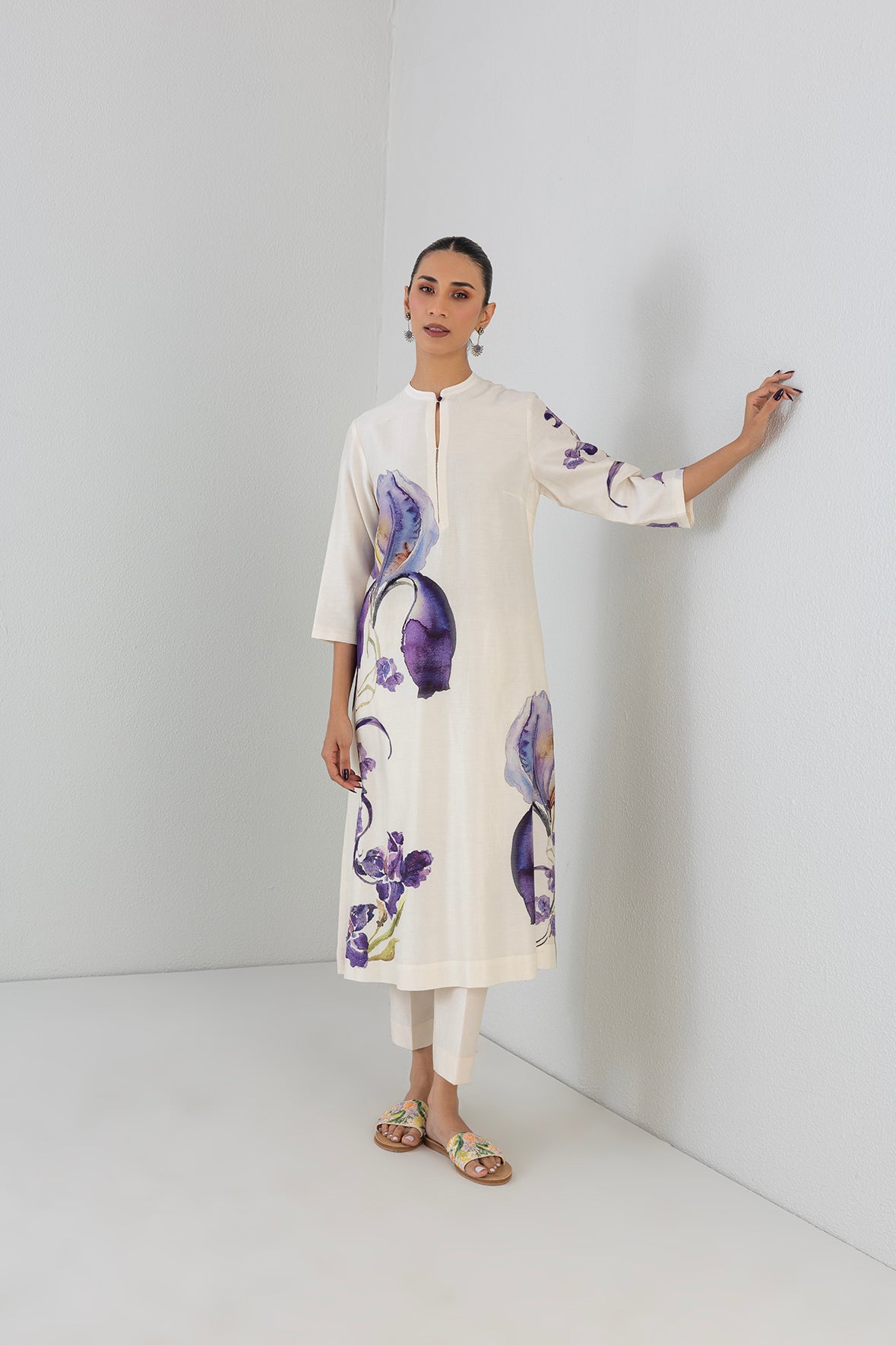 Dove Mist Silk Chanderi Iris Lily Printed Tunic