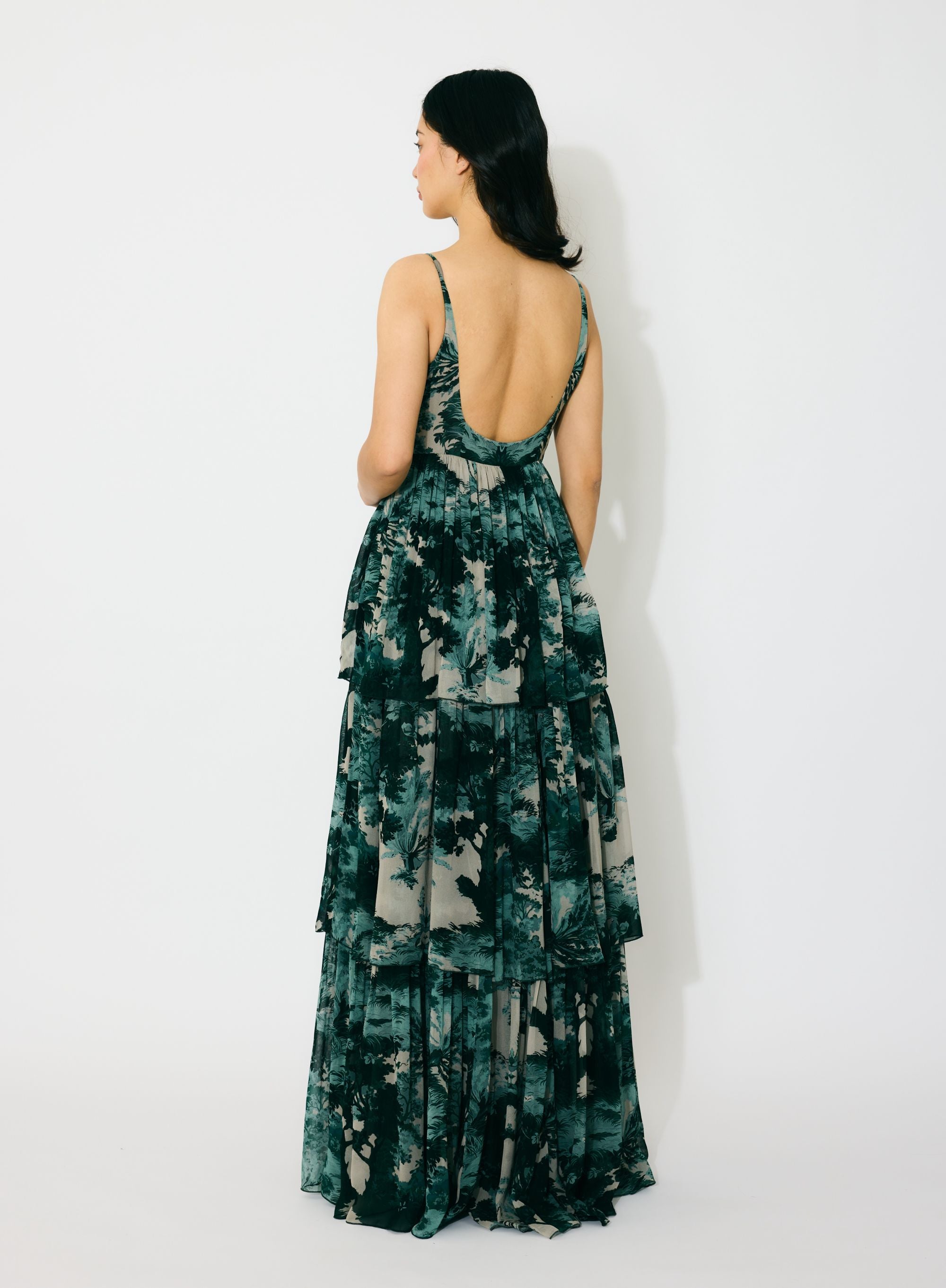 DARK GREEN, MINT AND BEIGE TOIL PRINT LONG DRESS