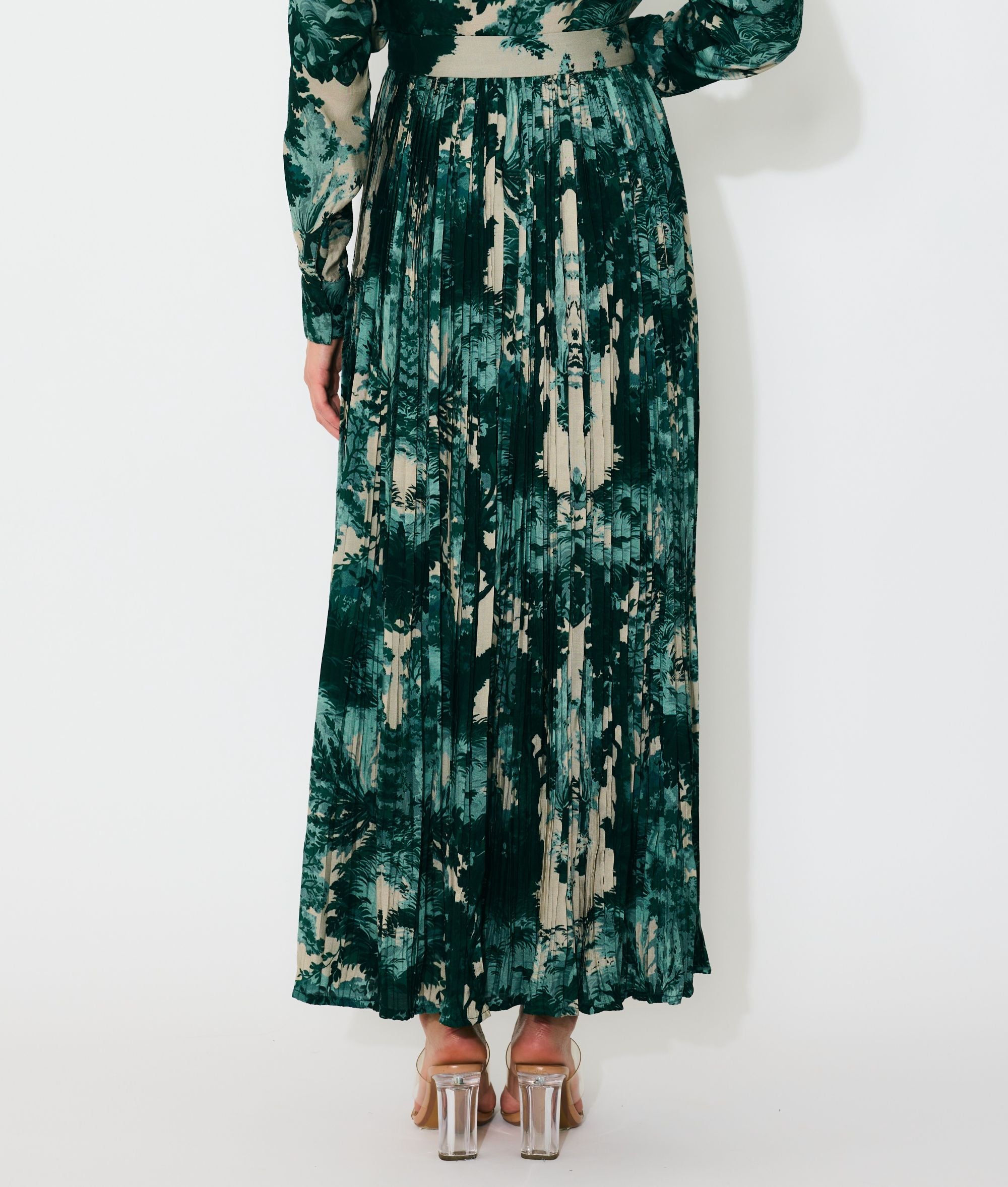 DARK GREEN, MINT AND BEIGE TOIL PRINT CRINKLED SKIRT