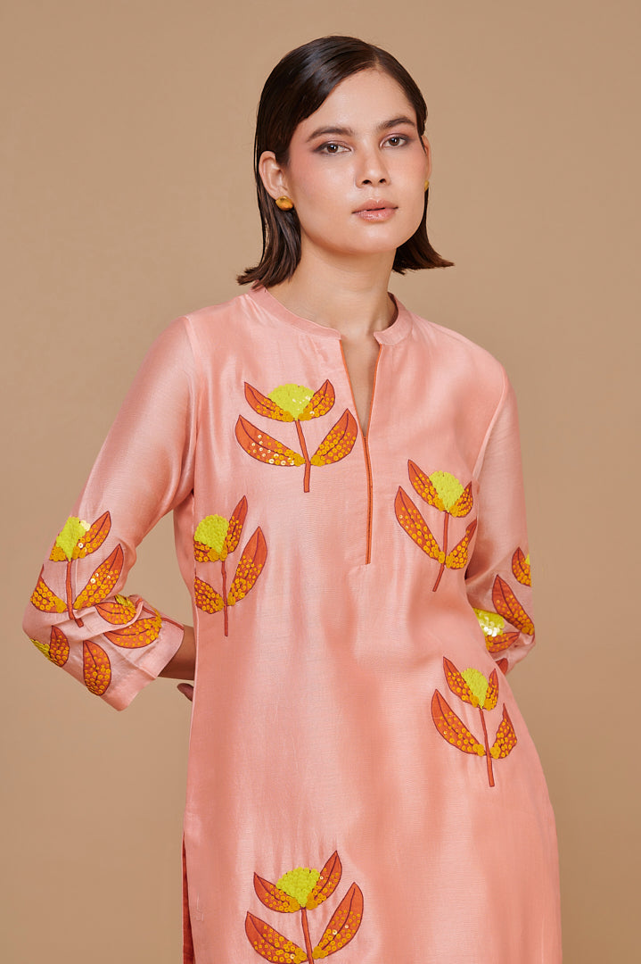 Pink Patchwork and Hand Embroidered Floral Motif Kurta Set