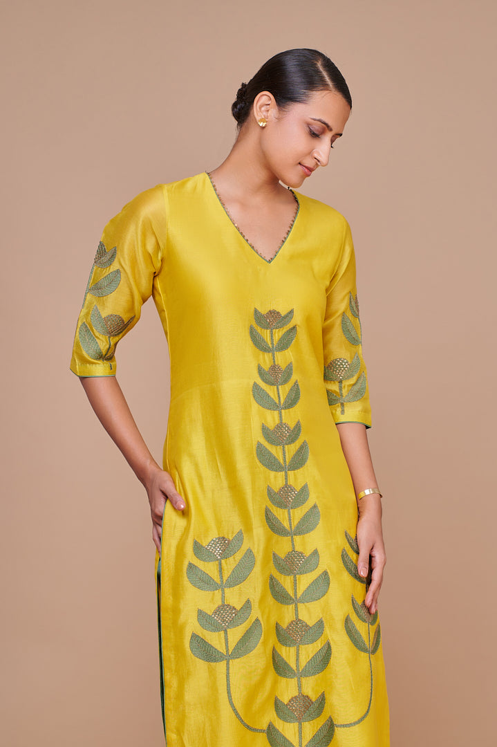 Mustard Patchwork and Hand Embroidered Floral Motif Kurta Set