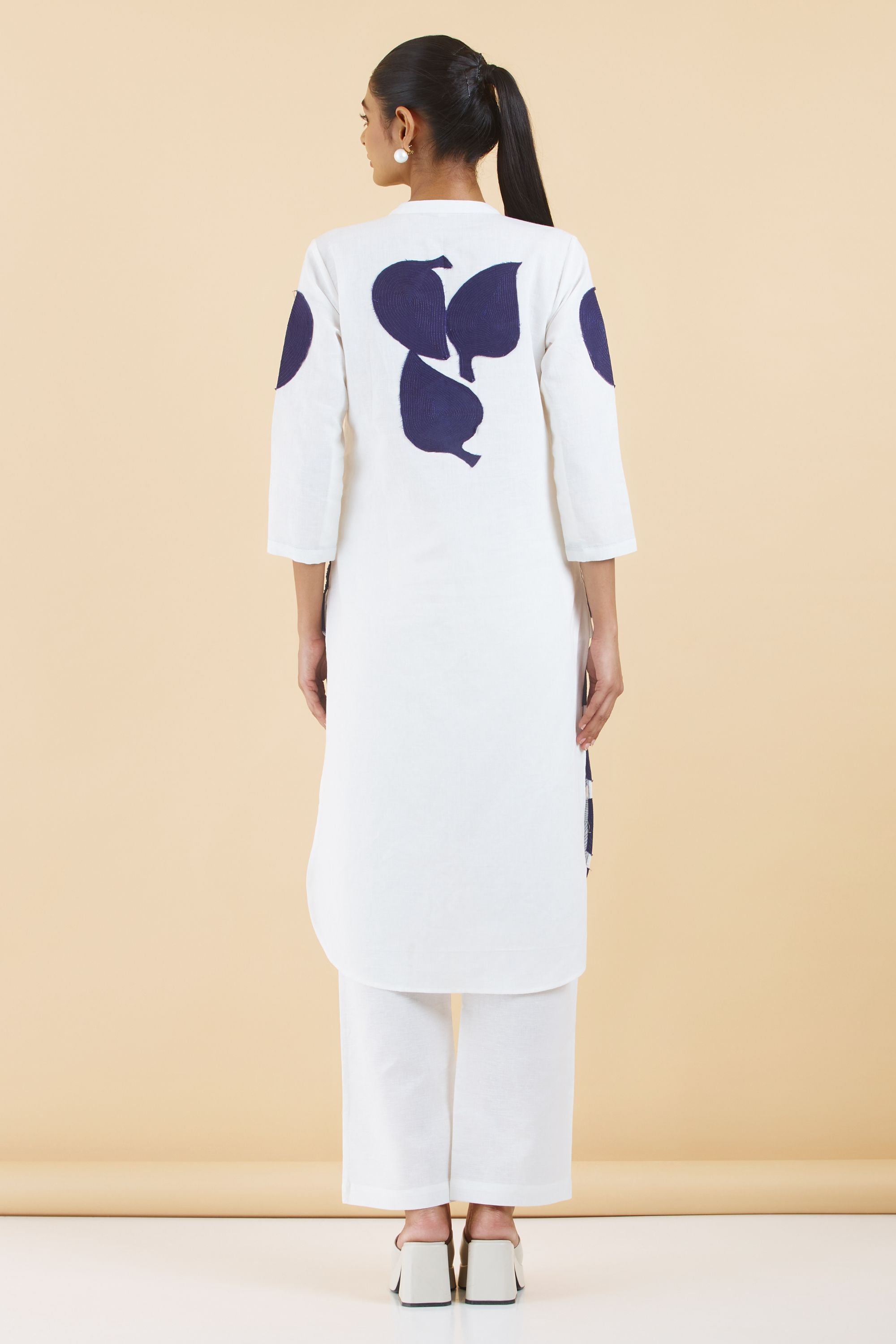 Ivory Indigo Patchwork Cotton Linen Kurta Set