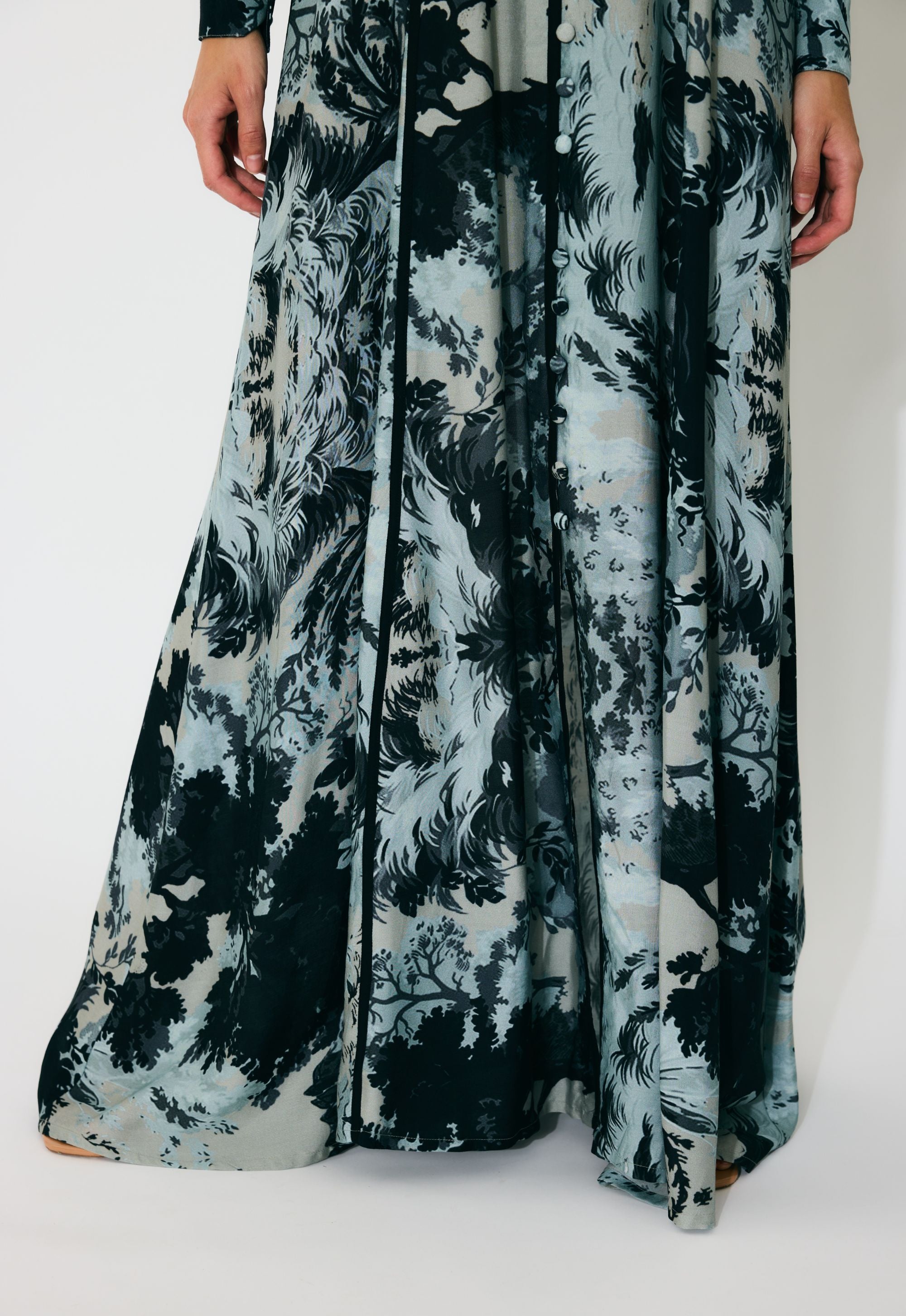 BLUE AND BLACK TOILE PRINT DRESS