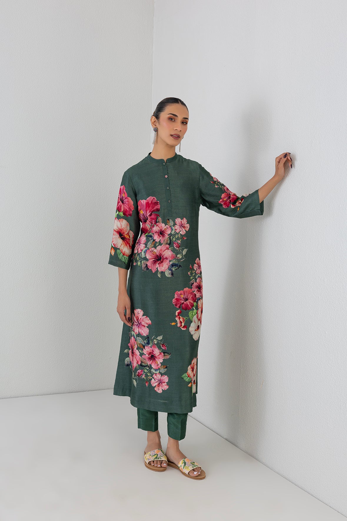Minted Sage Dupion Hibiscus Printed Dress