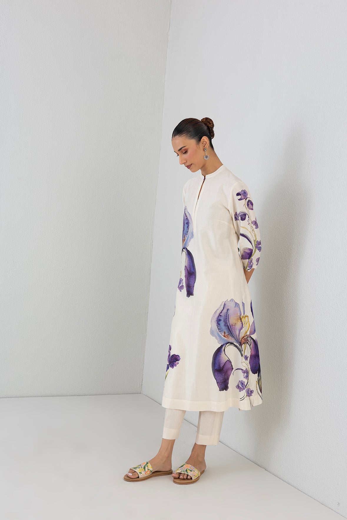 Dove Mist Silk Chanderi Iris Lily Printed Tunic