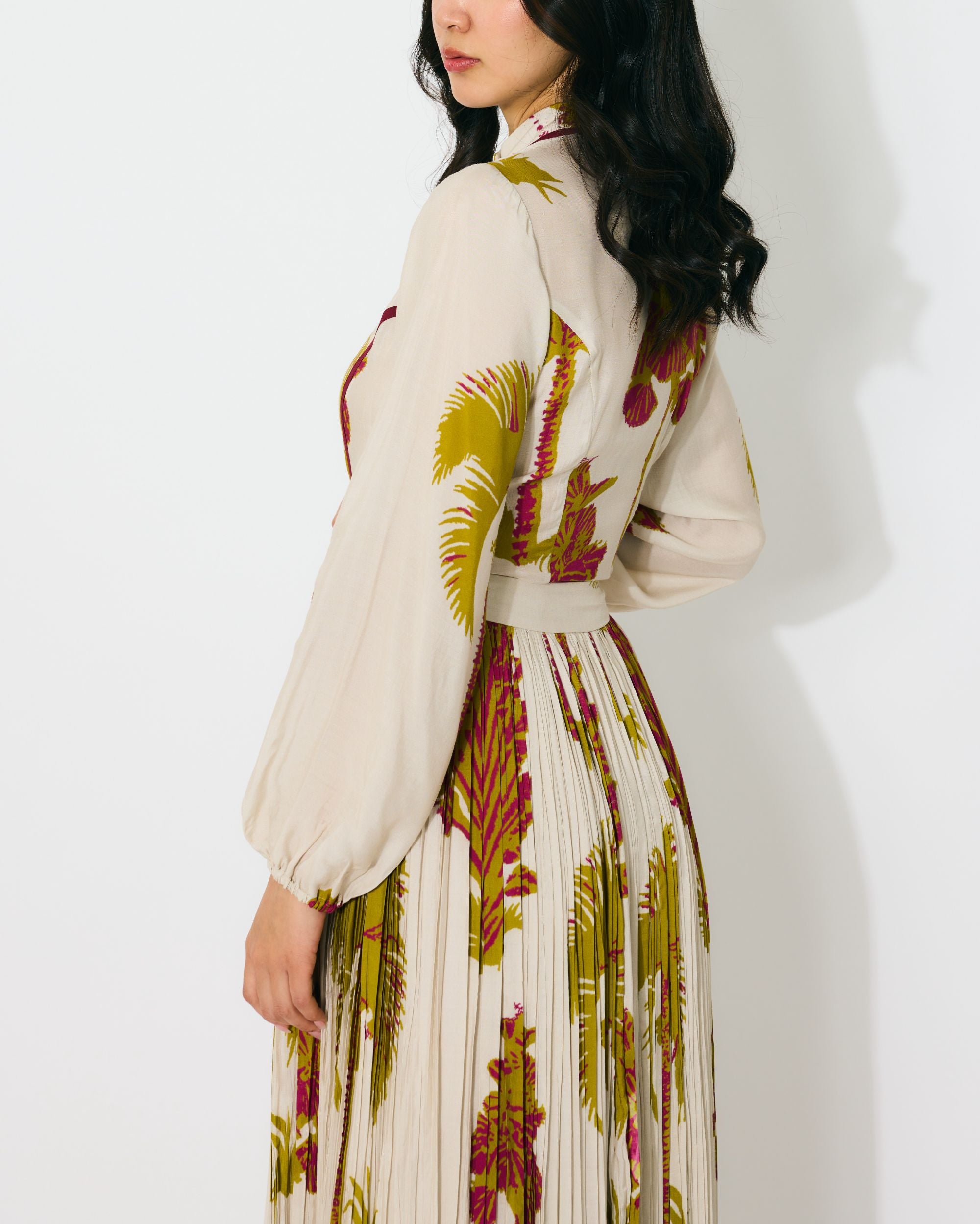 BEIGE, MUSTARD AND HOT PINK FLORAL CRINKLED SKIRT