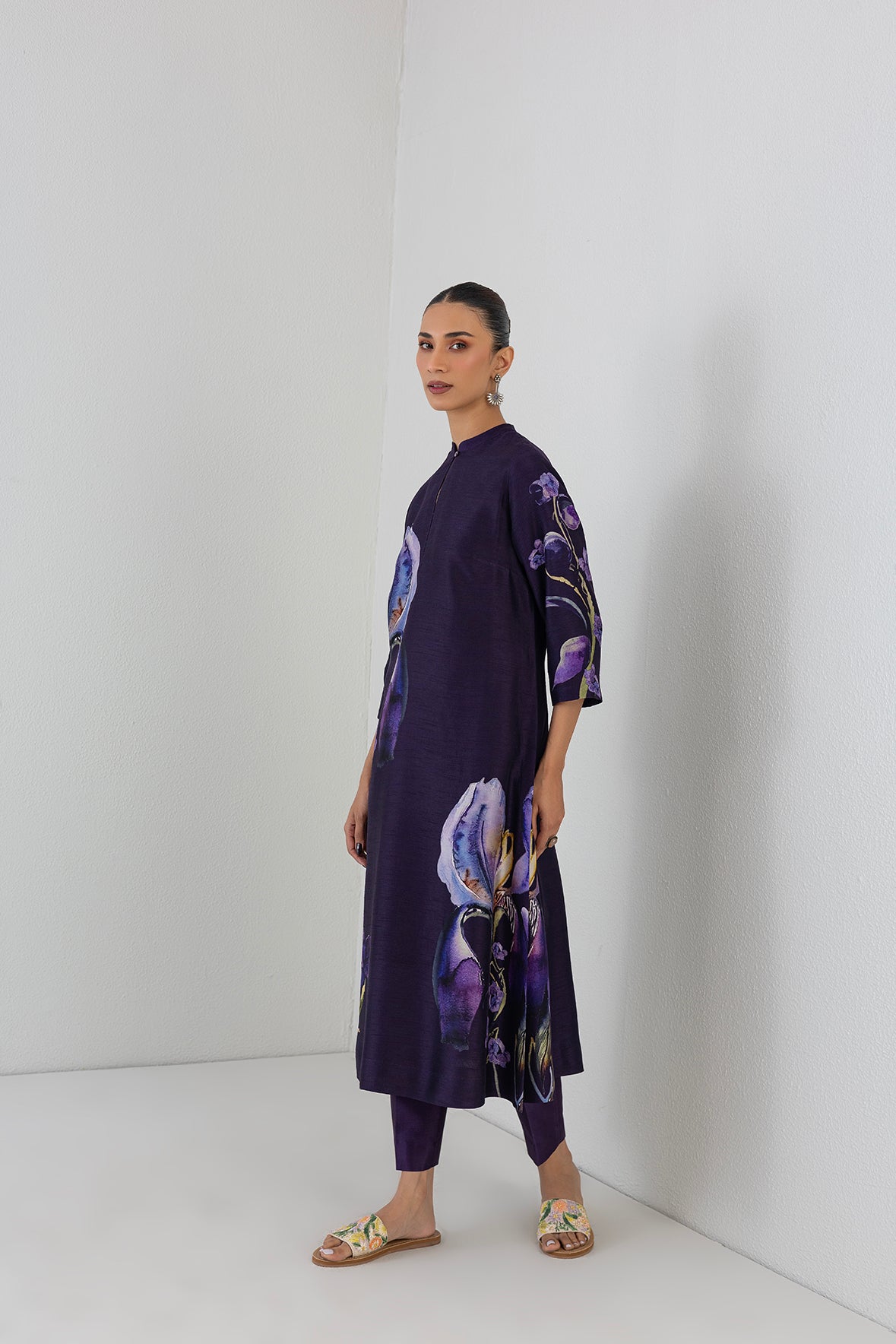 Eggplant Purple Dupion Iris Lily Printed Tunic