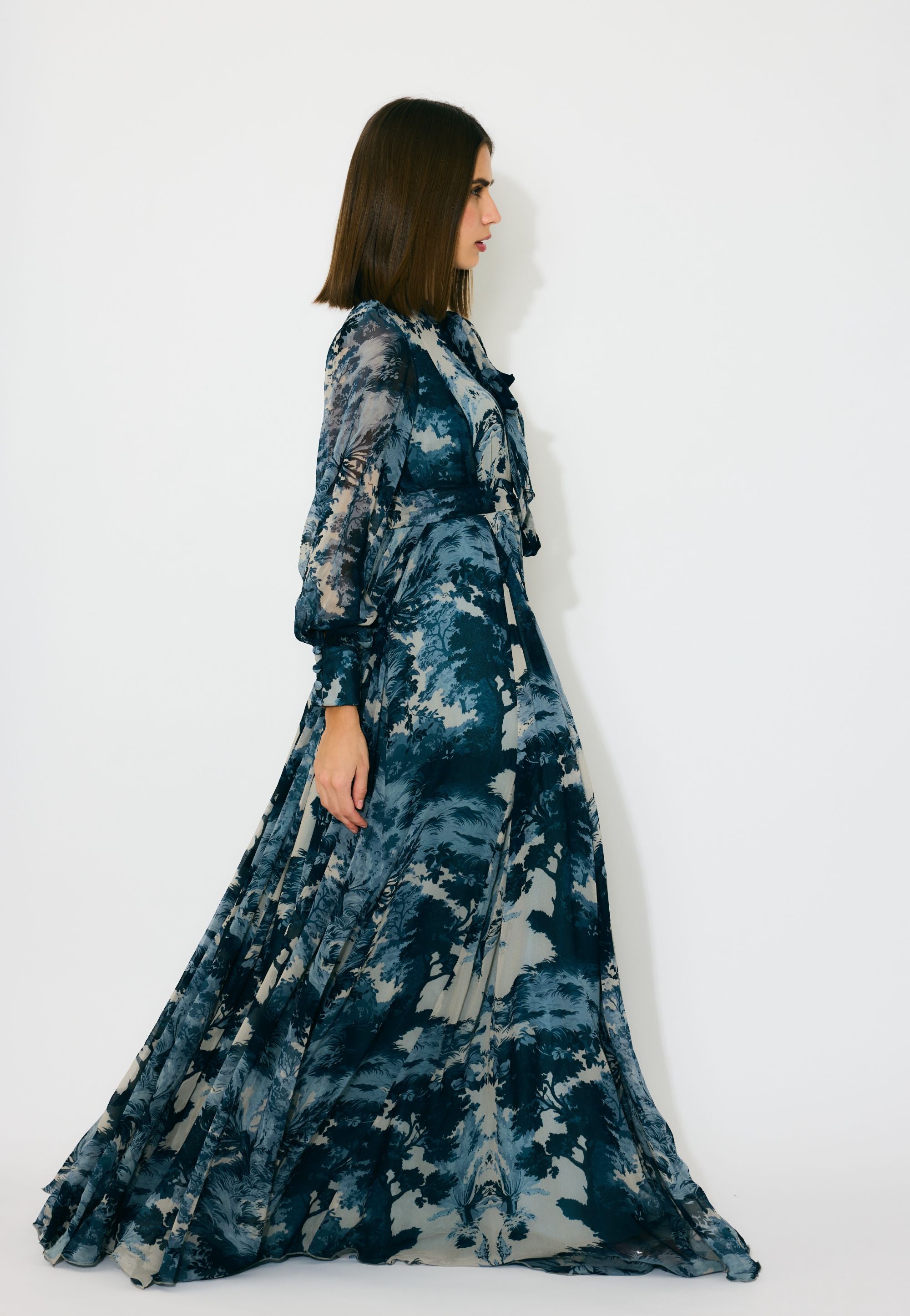 BLUE, INDIGO AND BEIGE TOILE PRINT LONG DRESS