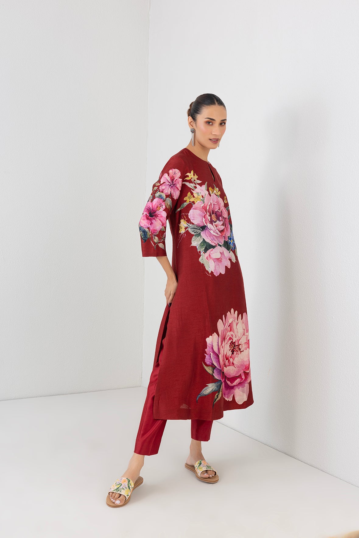 Poppy Blaze Red Dupion China Rose Printed Tunic