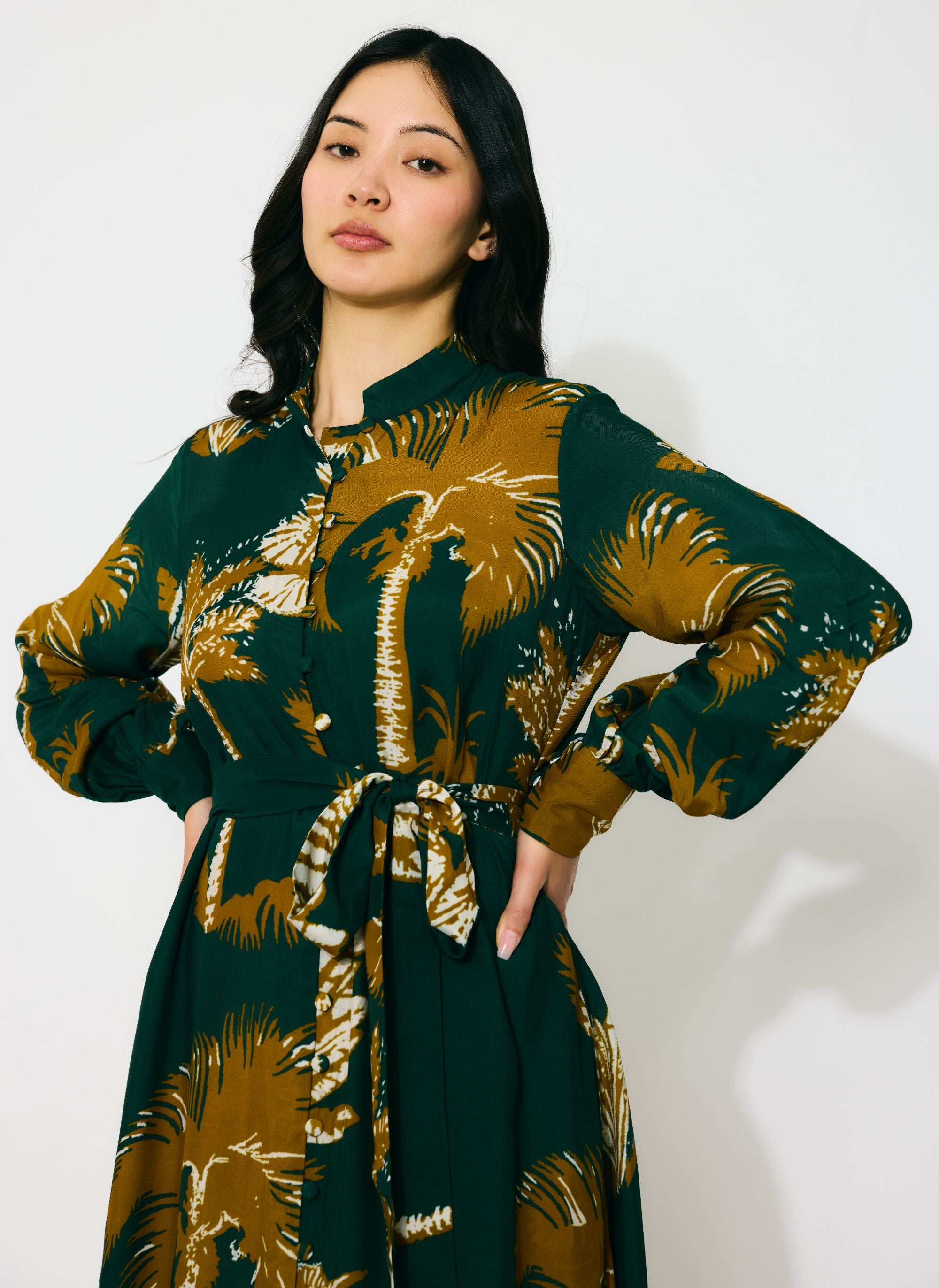 DARK GREEN AND MUSTARD FLORAL LONG SHIRT DRESS