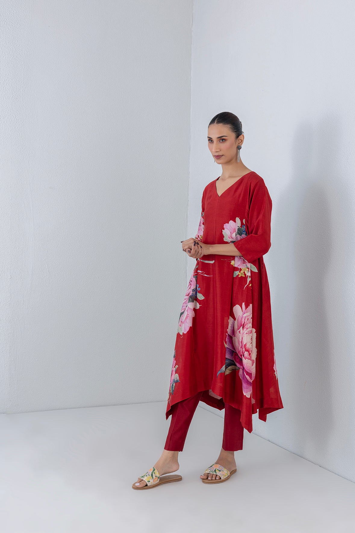 Crimson Flame Red Silk Chanderi China Rose Printed Dress