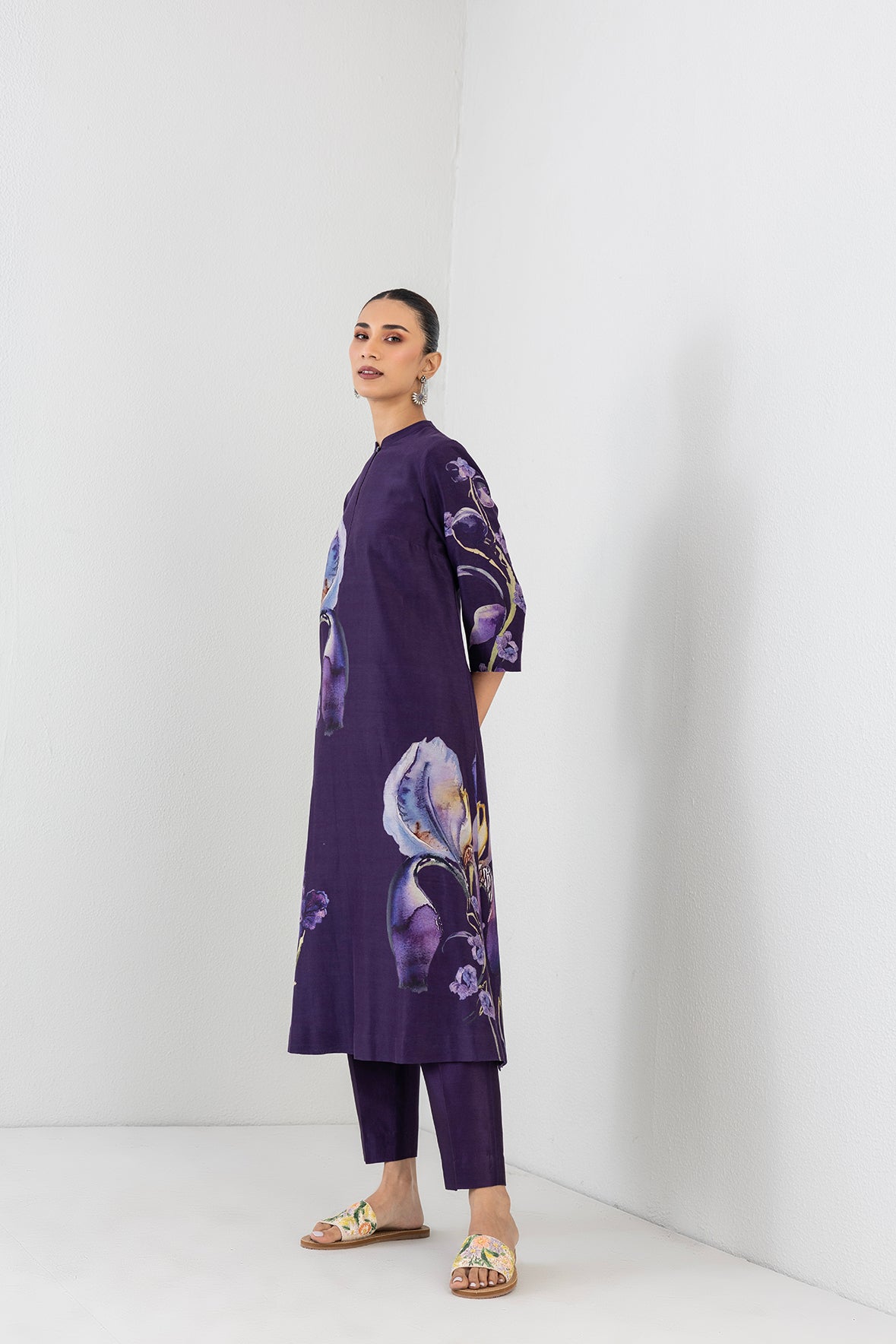 Violet Abyss Silk Chanderi Iris Lily Printed Tunic