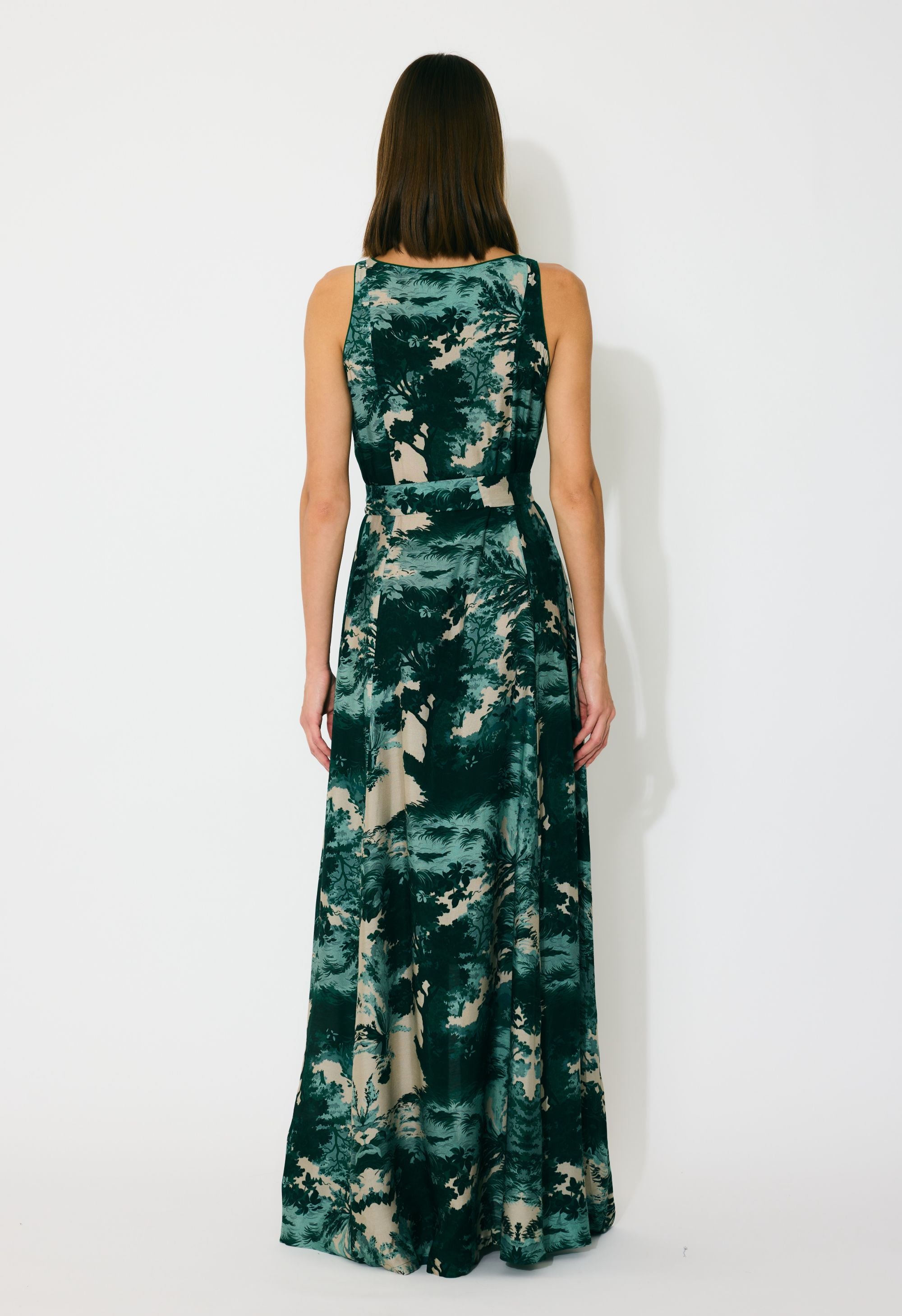 DARK GREEN, MINT AND BEIGE TOIL PRINT SLEEVELESS DRESS