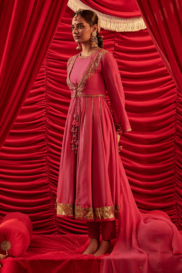 Elegant Rani Pink Anarkali Suit Set Handcrafted Silk Organza Embroidered Ethnic Wear