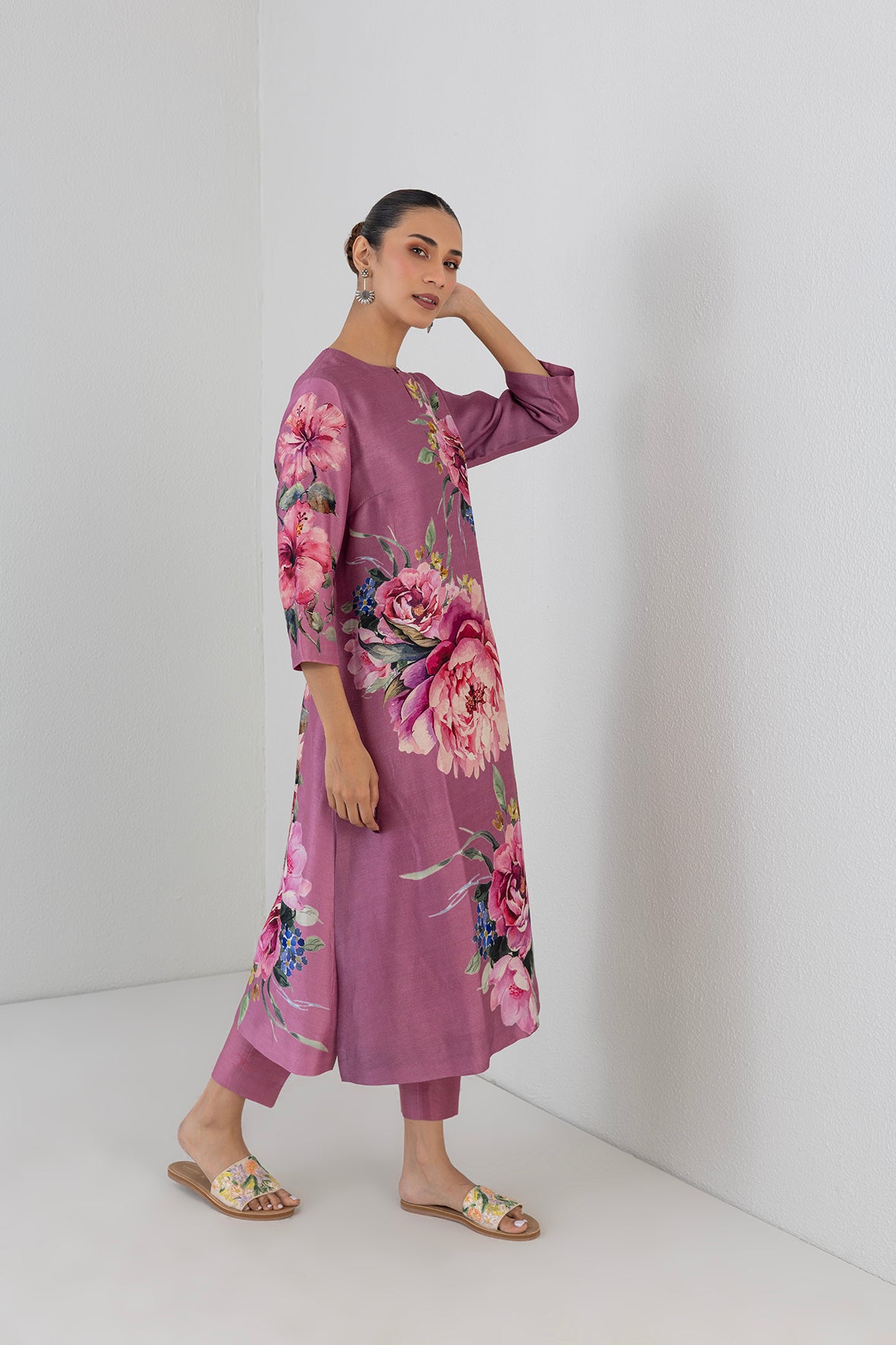 Fuchsia Pink Dupion Peony Flower Printed Shirt