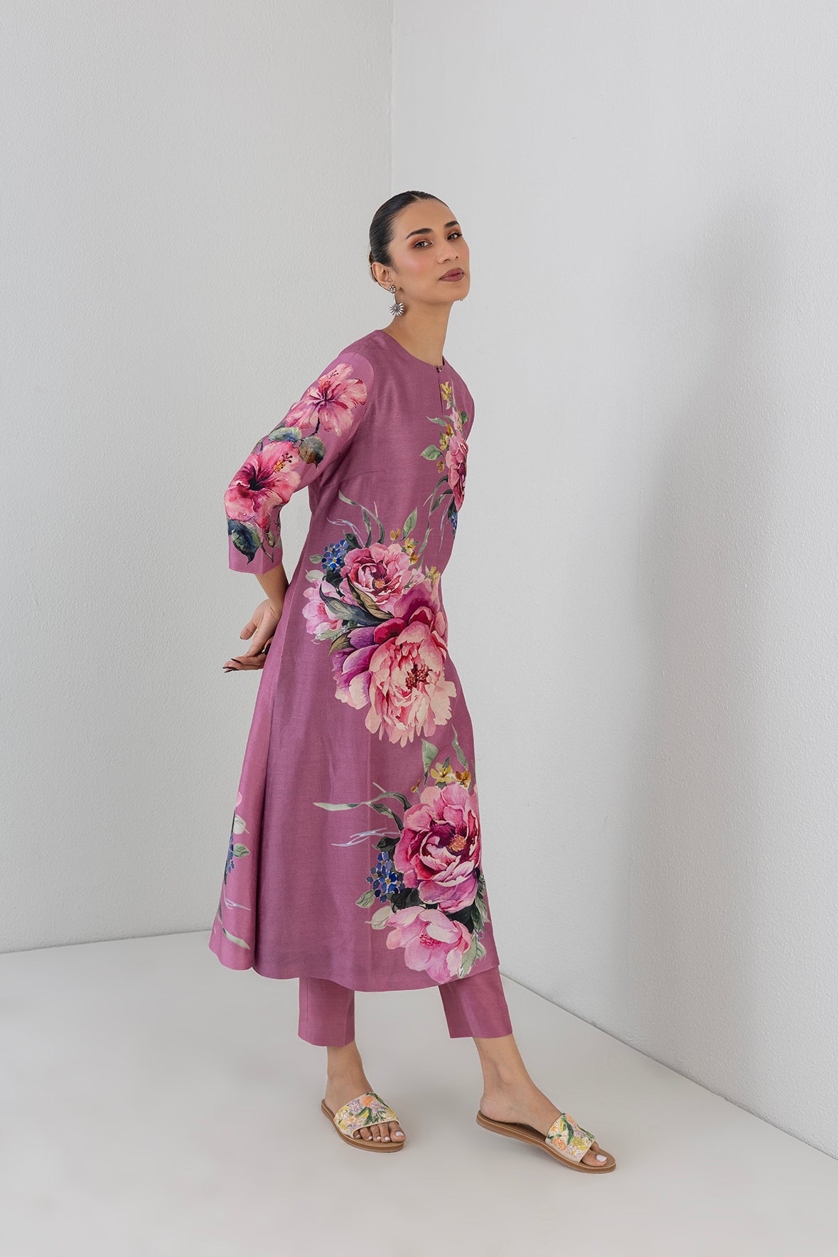 Fuchsia Pink Dupion Peony Flower Printed Shirt