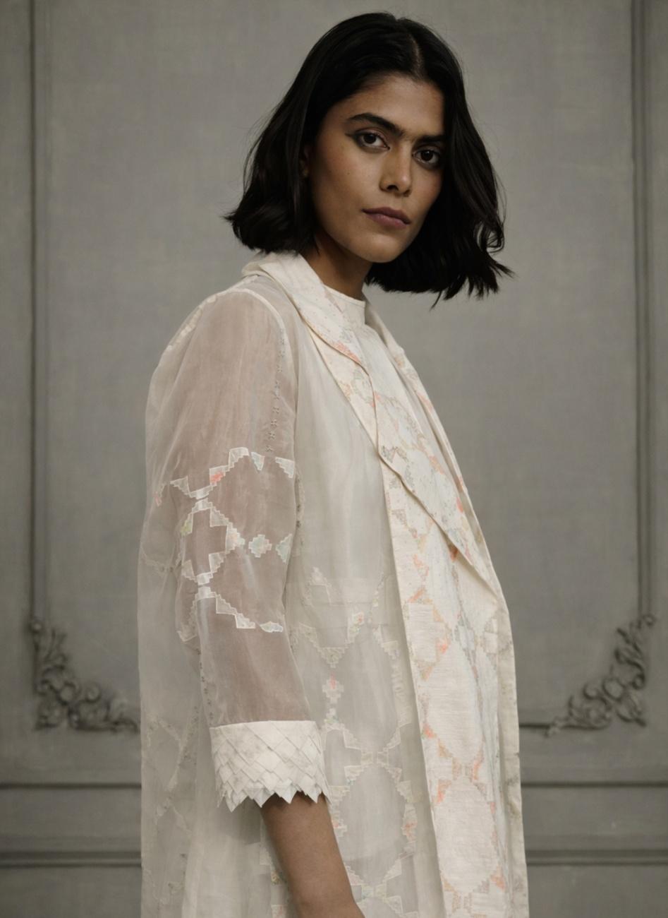 Ivory Applique Work & Porcupine Sleeves Jacket with Dress