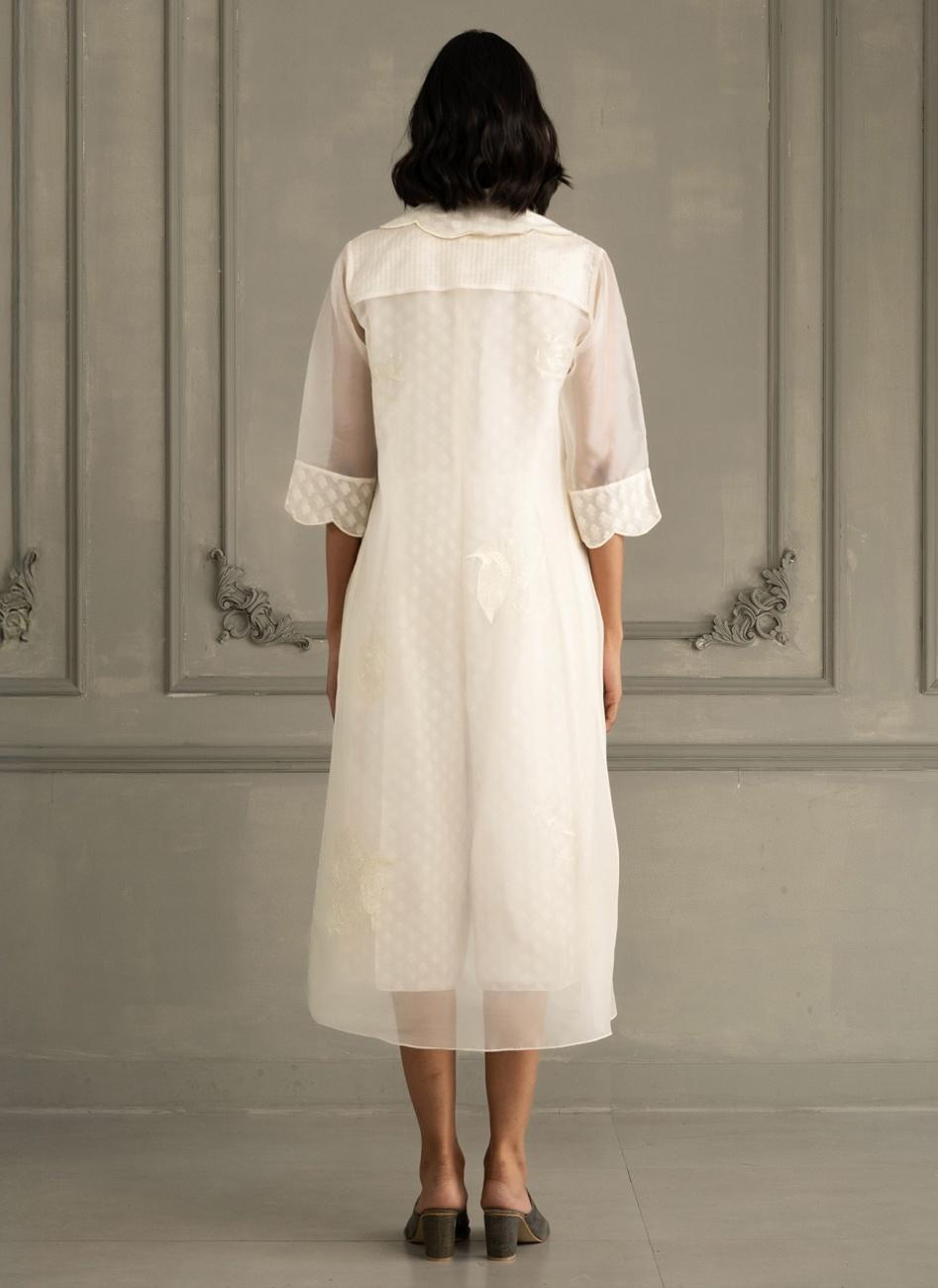 Ivory Scalloped Organza Jacket with Brocade Jumpsuit