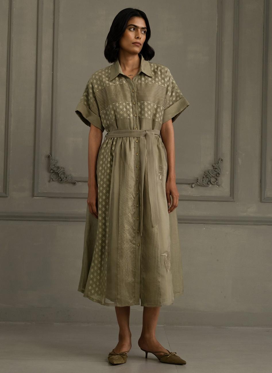 Sage Green Embroidered Lace Dress with Belt by ARCVSH BY PALLAVI SINGH Deval The Multi Designer Store Sage Green Embroidered Lace Dress with Belt by ARCVSH BY PALLAVI SINGH Deval The Multi Designer Store