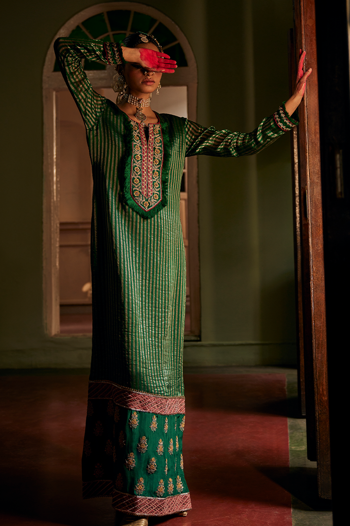Elegant Emerald Green Anika Kurta Pant Set: Embroidered Tissue Stripe, Cotton Silk
