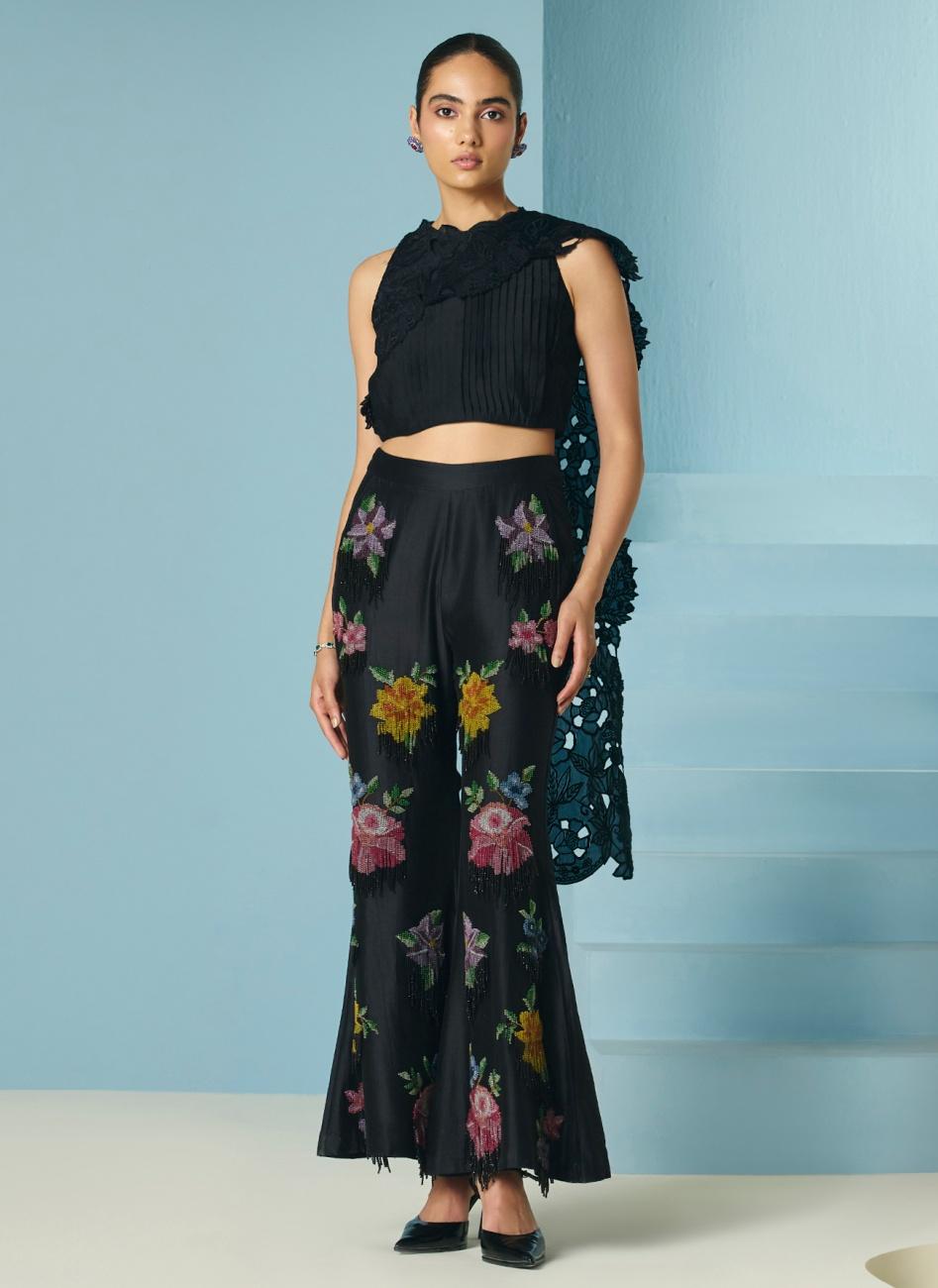 Black Chanderi Beadwork Fringe Floral Bunch Flared Pants