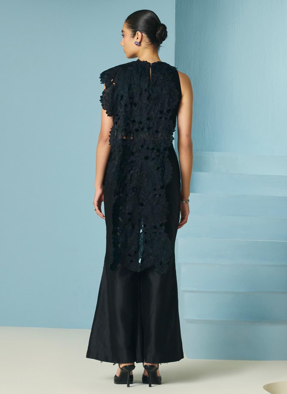 Black Chanderi Beadwork Fringe Floral Bunch Flared Pants