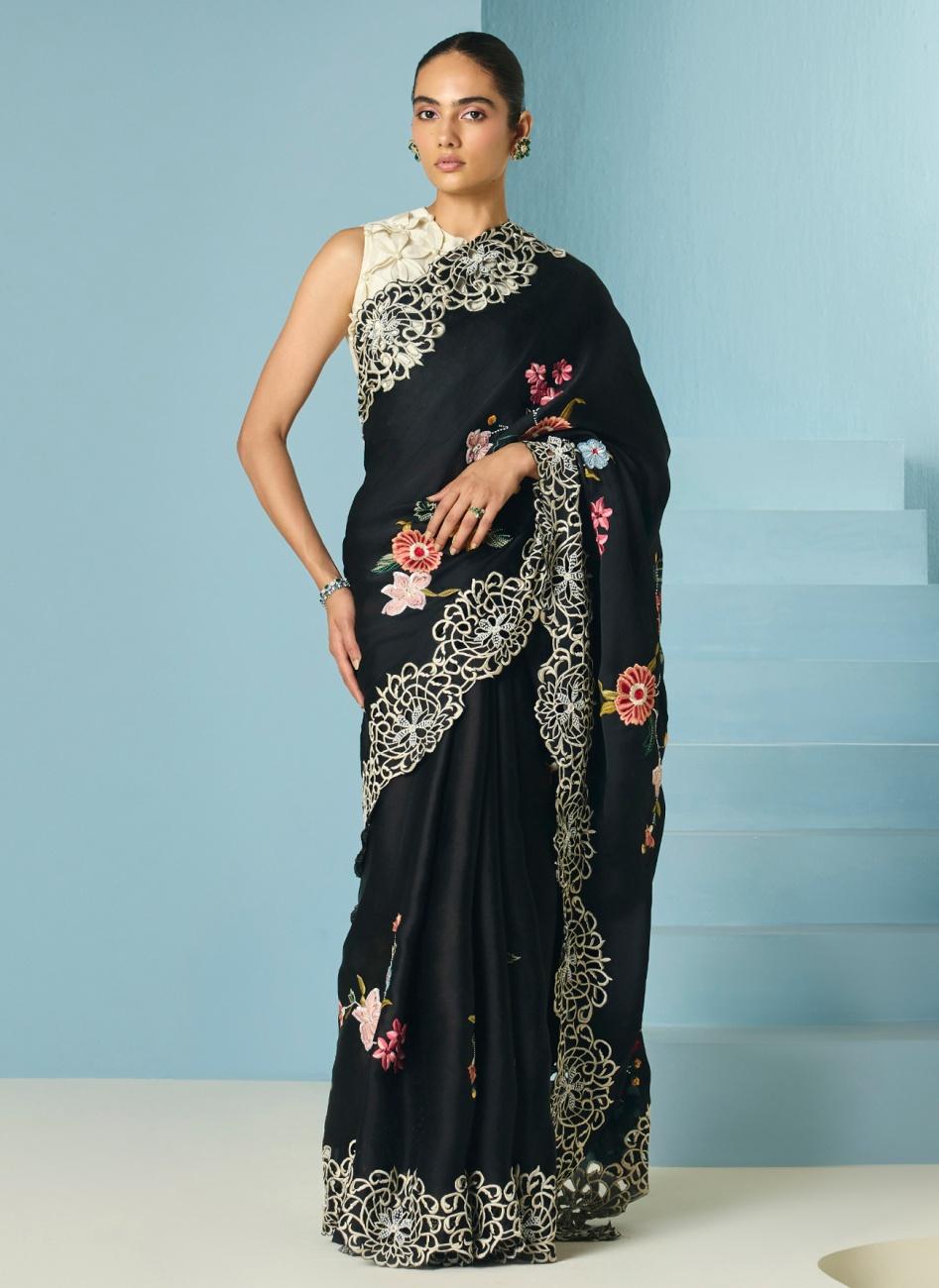 BLACK FLORAL FOLIAGE SAREE