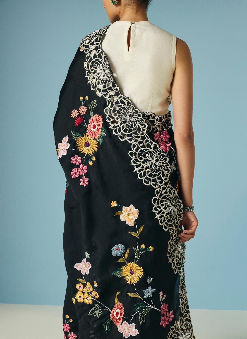 BLACK FLORAL FOLIAGE SAREE