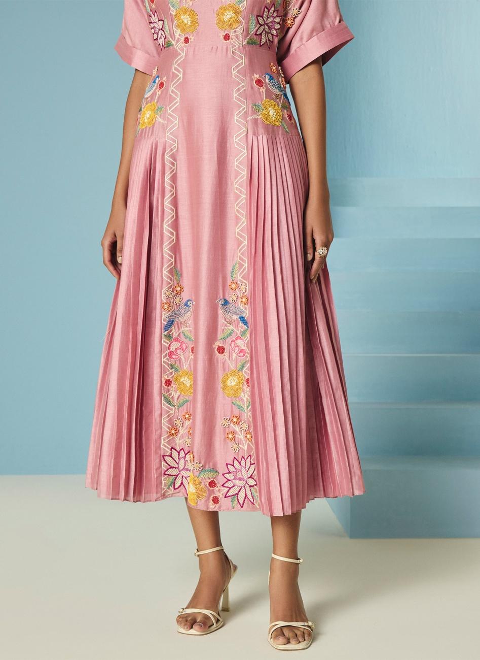 BLUSH FLORAL EMBROIDERED PLEATED MIDI DRESS