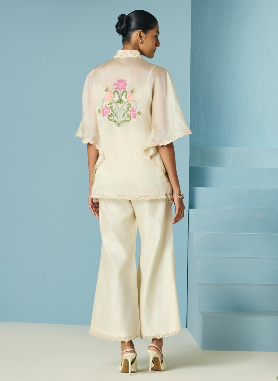 IVORY APPLIQUE AND BEADWORK KAFTAN SHIRT