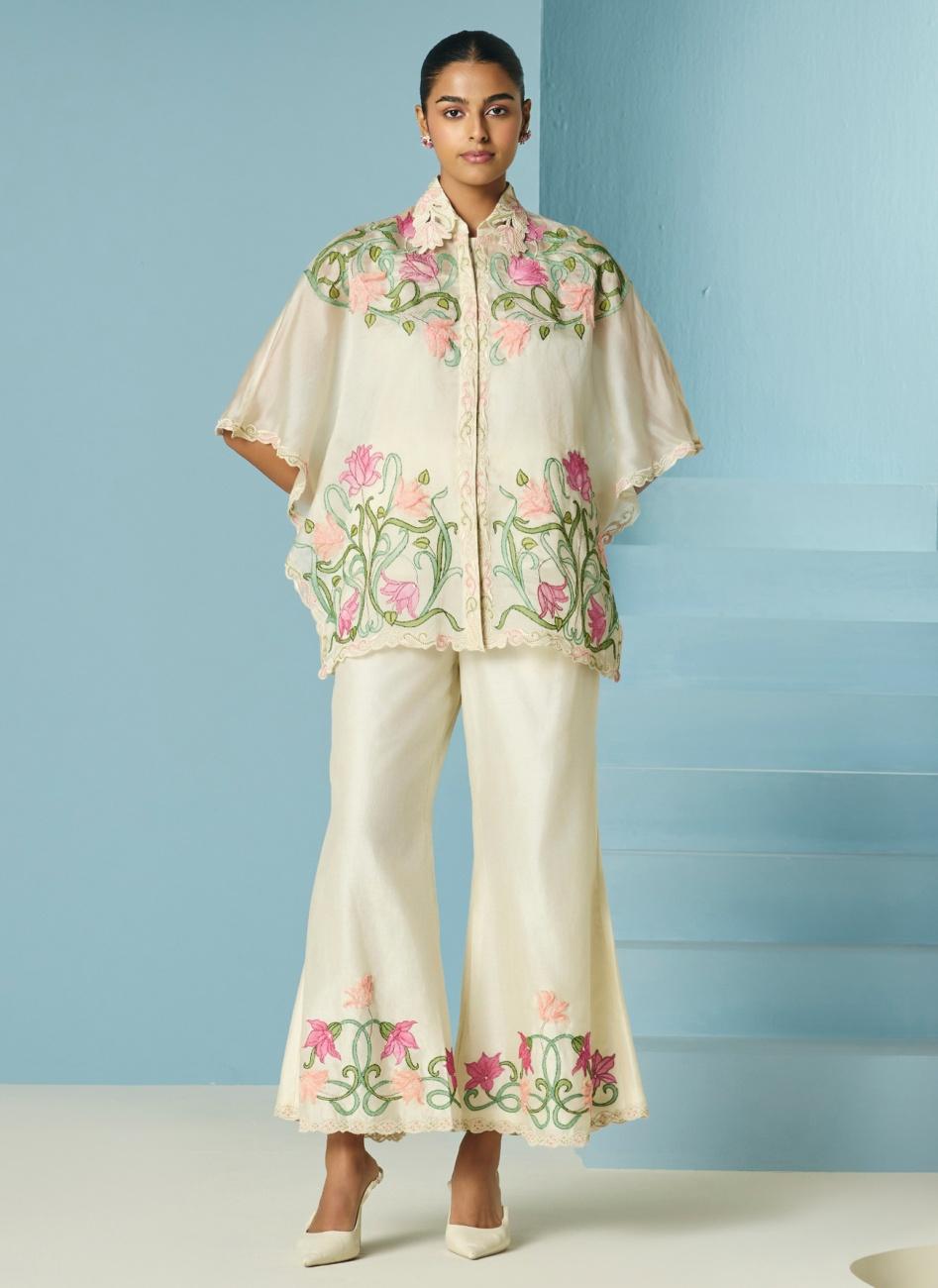 IVORY APPLIQUE AND BEADWORK BELL BOTTOM PANTS