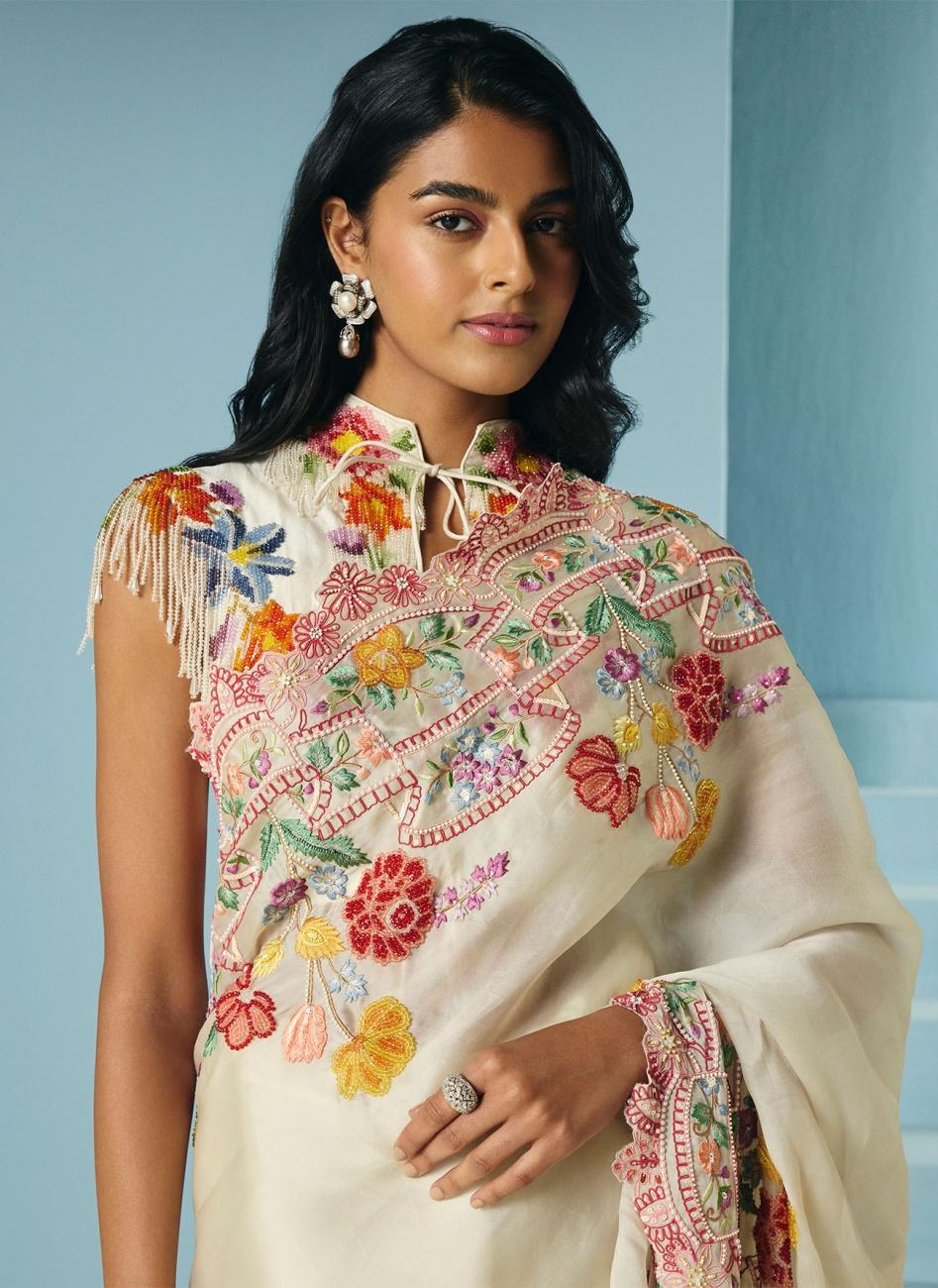 IVORY FLORAL BEADED FRINGE CAPE