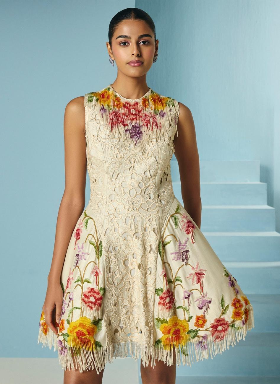 IVORY CUTWORK AND BEADWORK FRINGE PANELLED DRESS