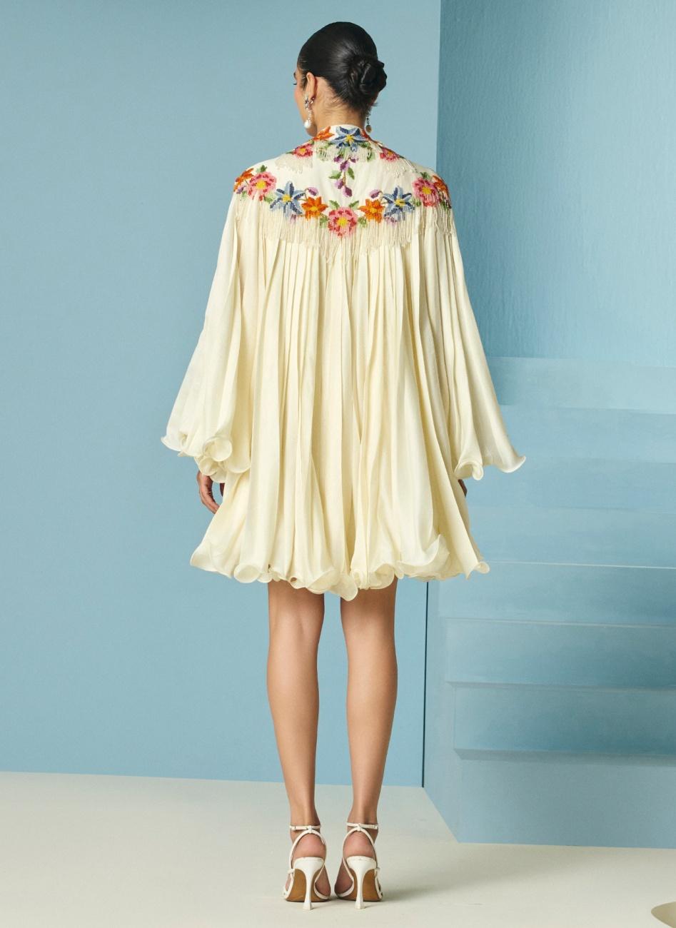 IVORY PLEATED DRESS WITH FLORAL CAPE