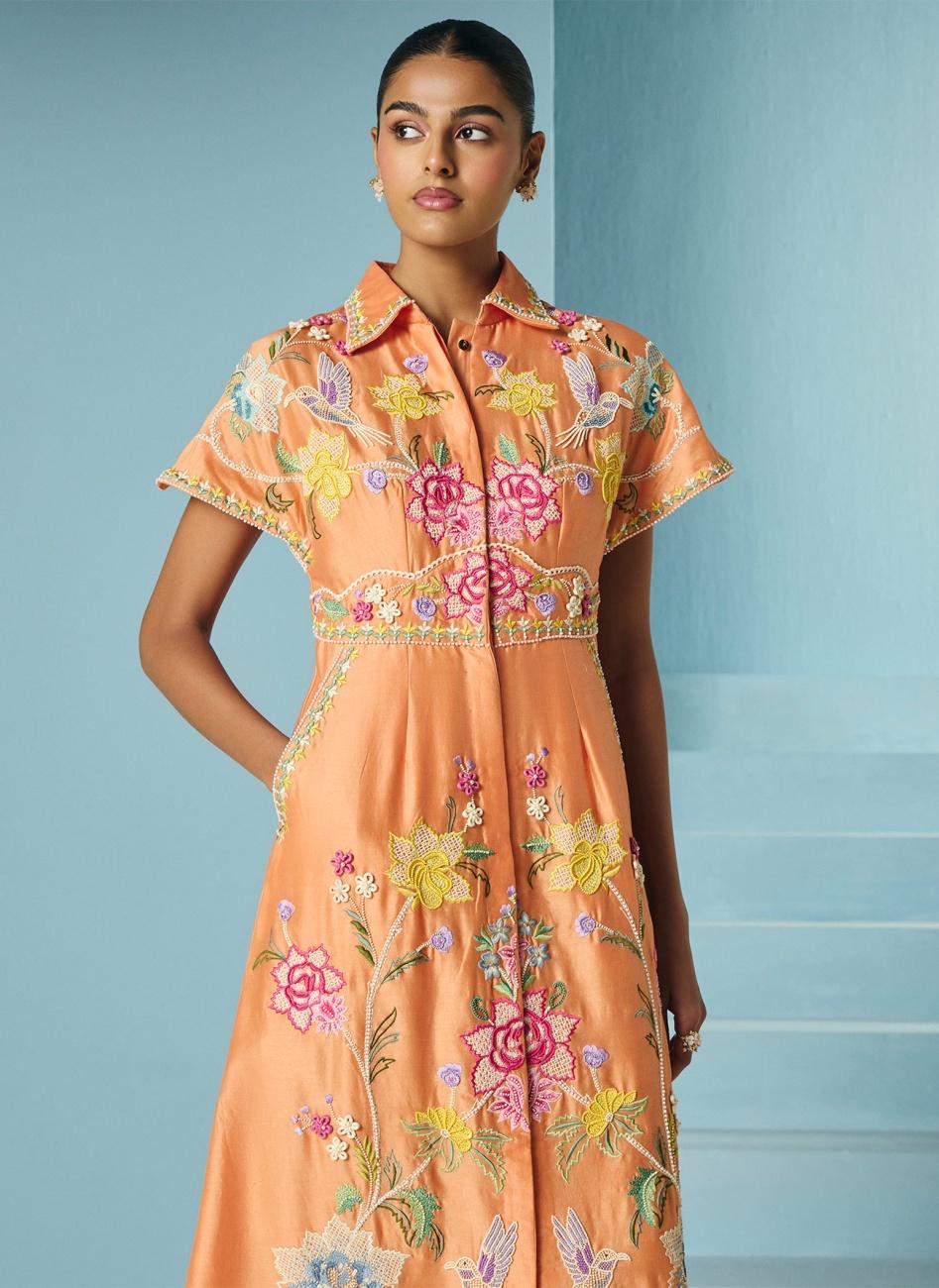 ORANGE EMBROIDERED SHIRT DRESS