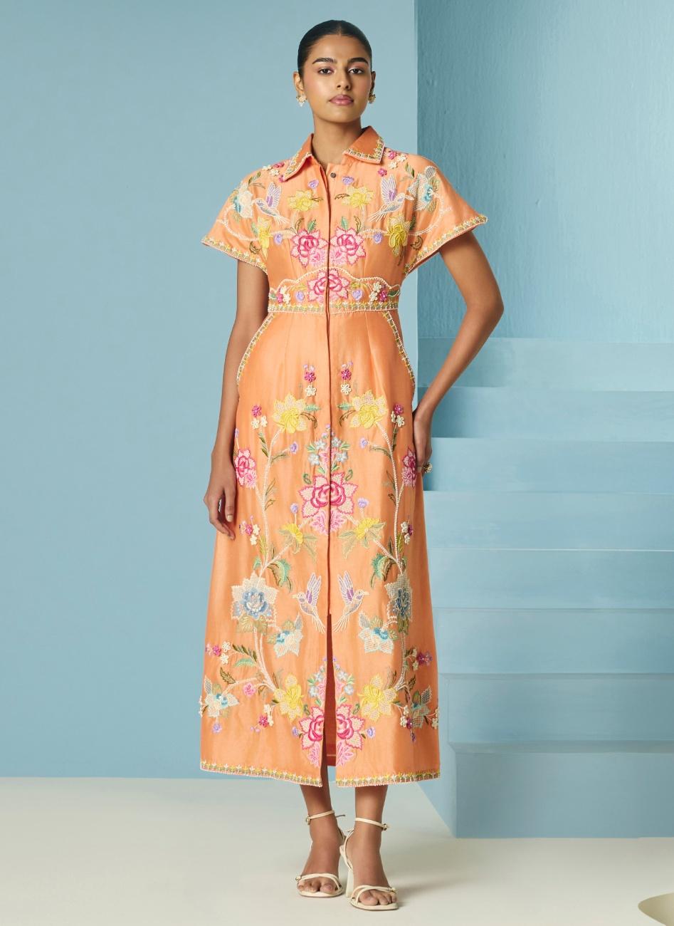 ORANGE EMBROIDERED SHIRT DRESS