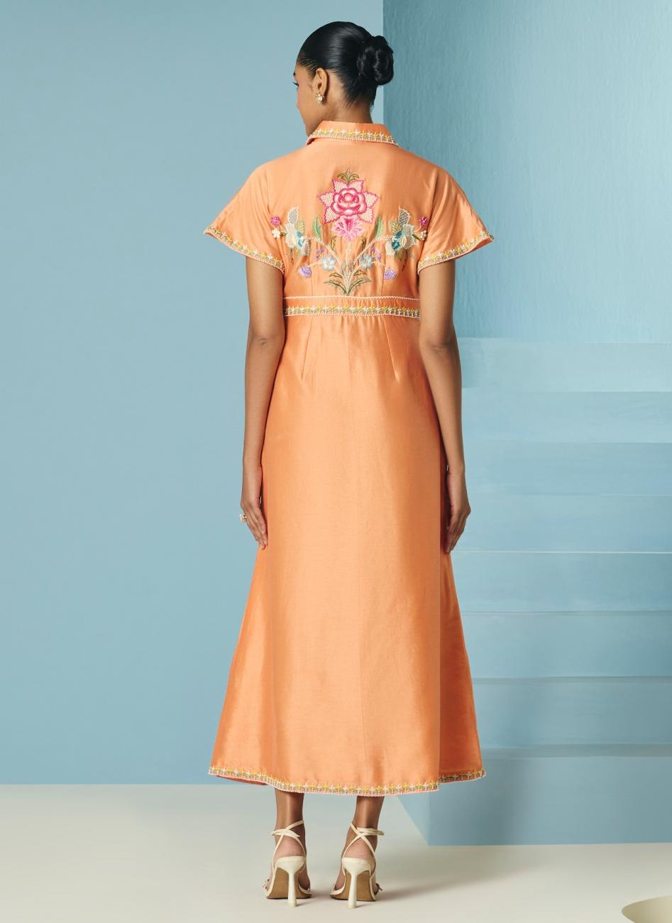 ORANGE EMBROIDERED SHIRT DRESS