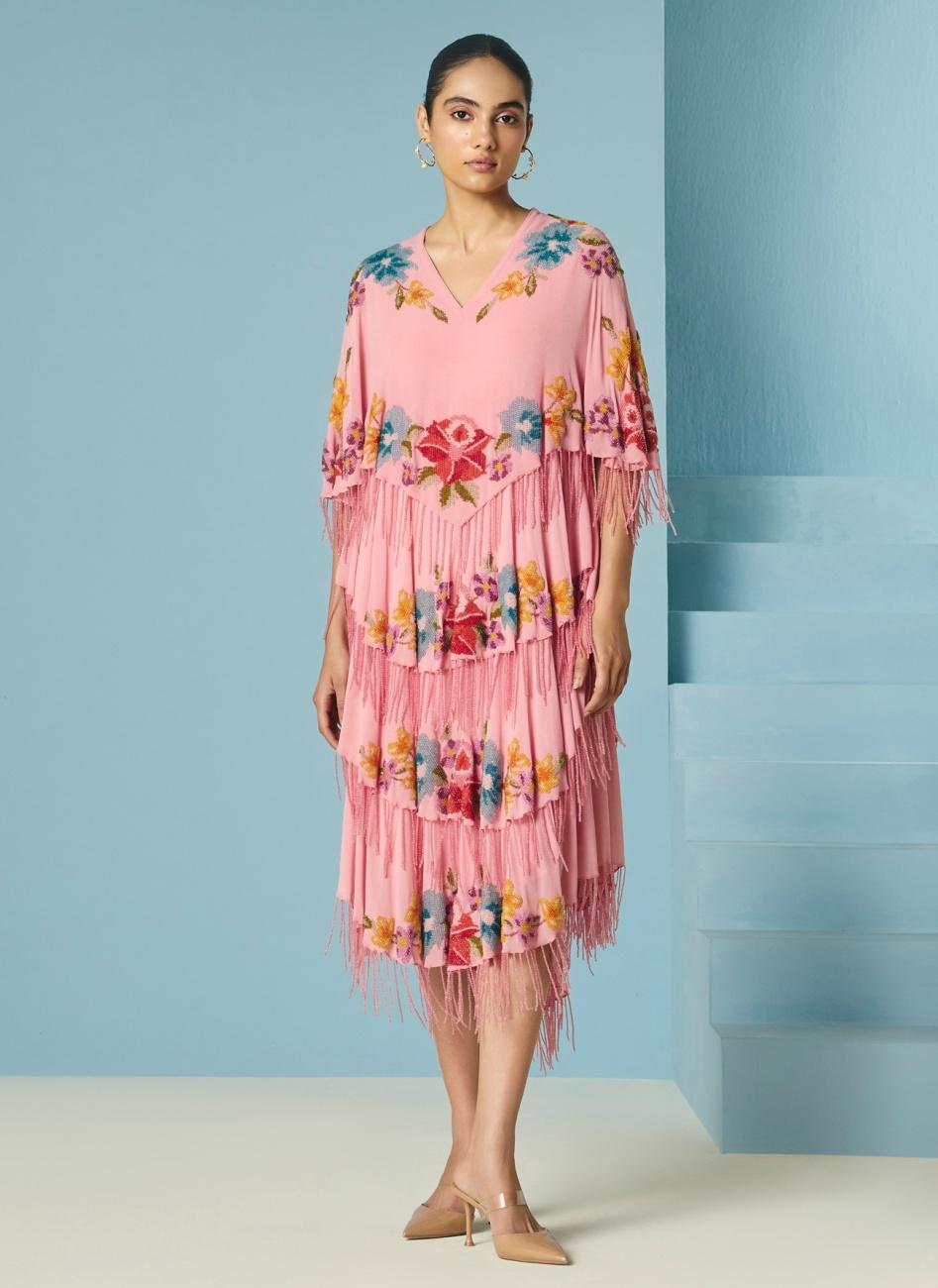PINK FLORAL BEADWORK TIERED DRESS