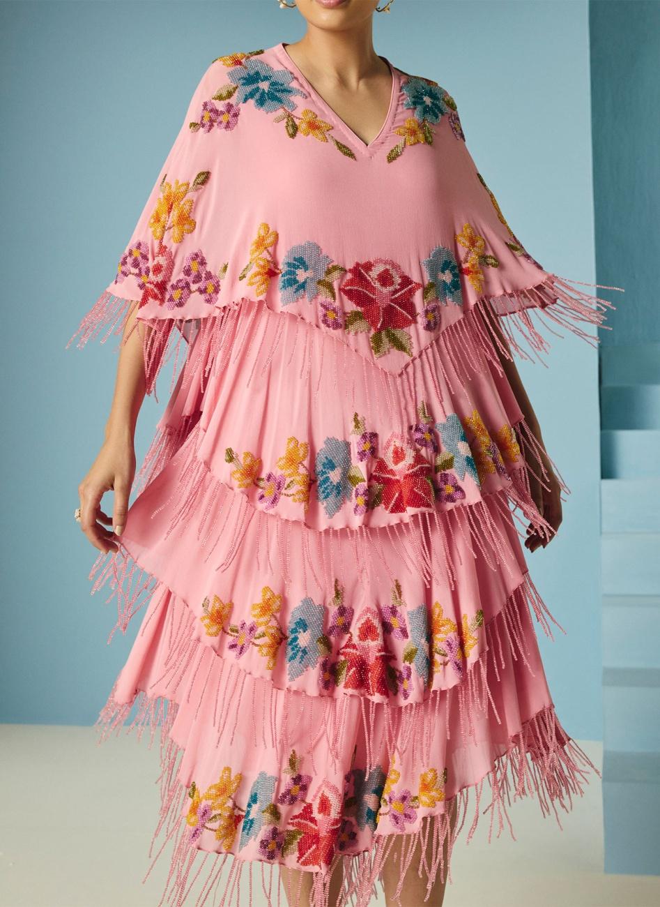 PINK FLORAL BEADWORK TIERED DRESS