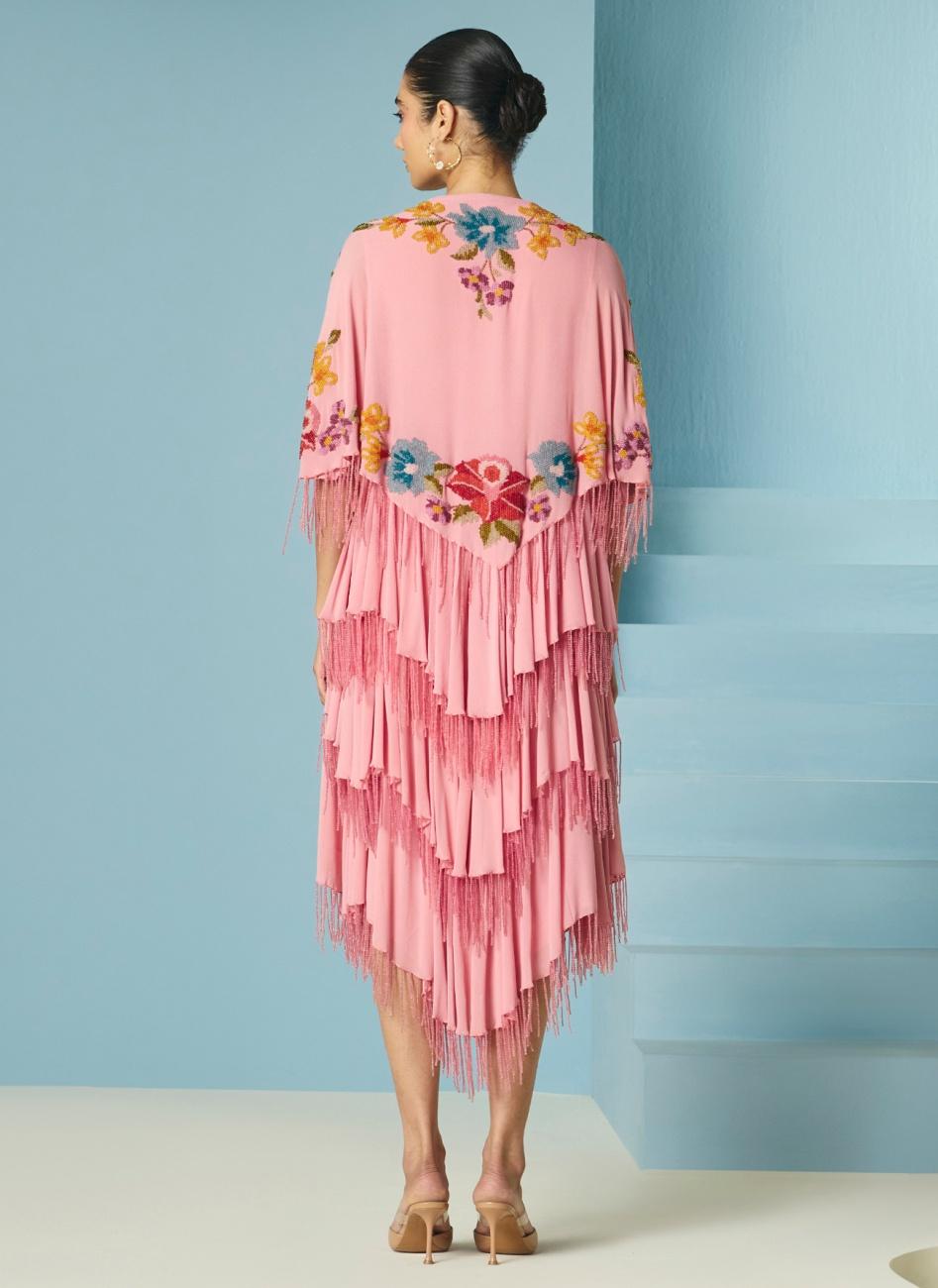 PINK FLORAL BEADWORK TIERED DRESS