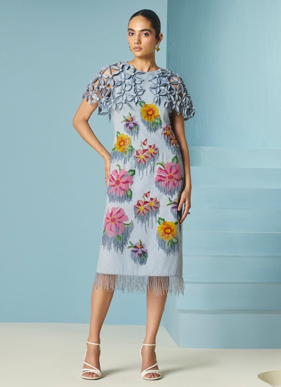 POWDER BLUE FLORAL BEADWORK CAPE DRESS