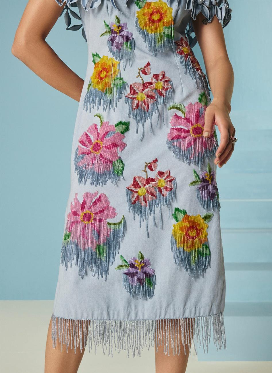 POWDER BLUE FLORAL BEADWORK CAPE DRESS