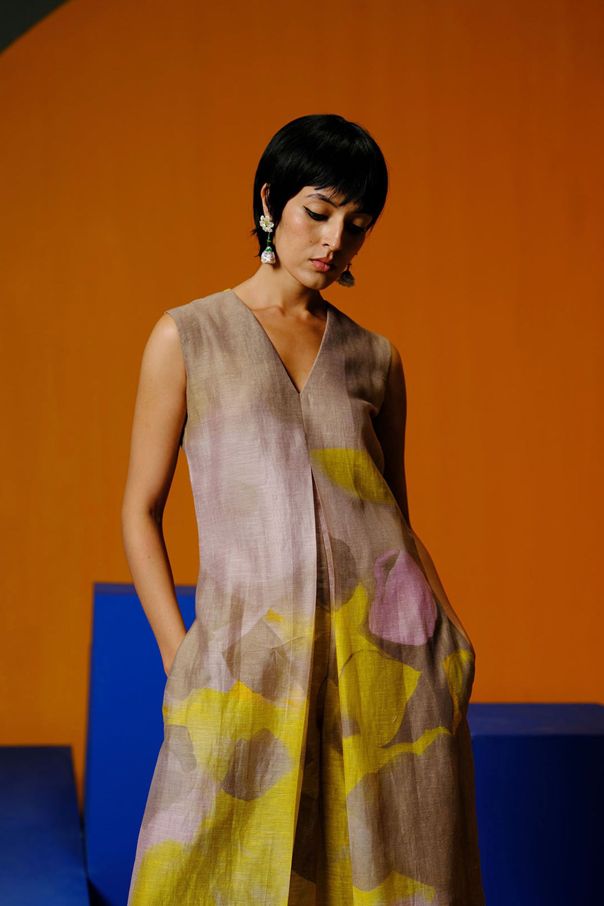 Candy Floss smoky beige & bright yellow jumpsuit