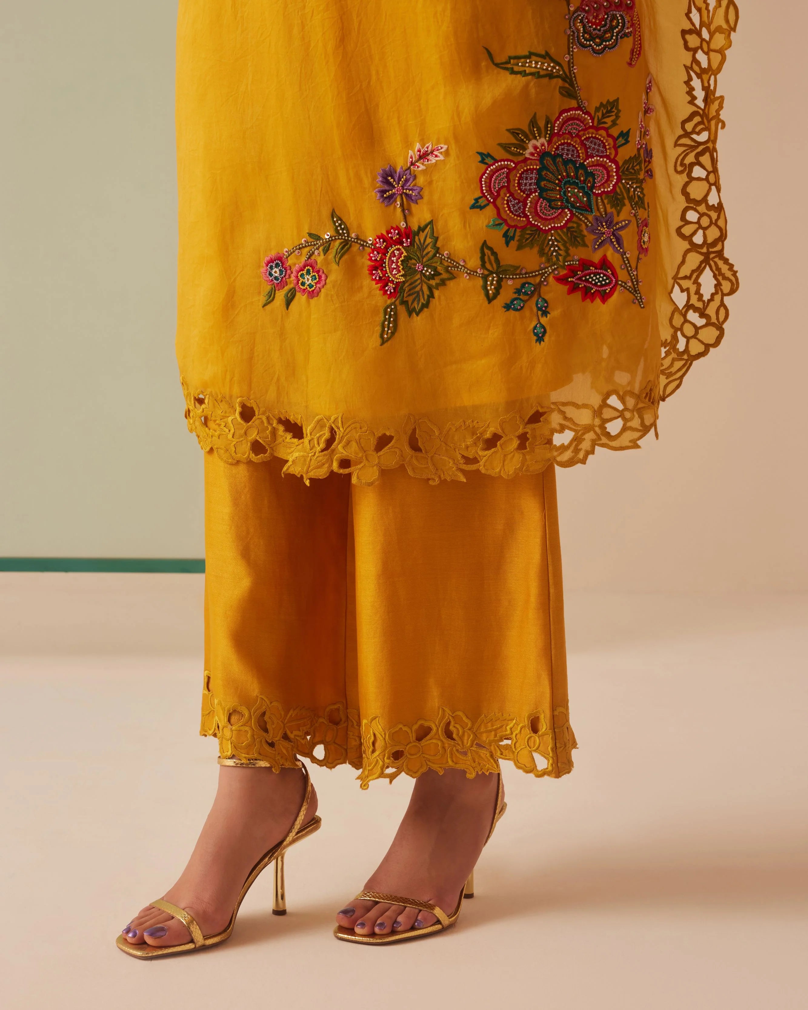 MUSTARD THREAD WORK AND CUTWORK KAFTAN WITH CUTWORK PANTS
