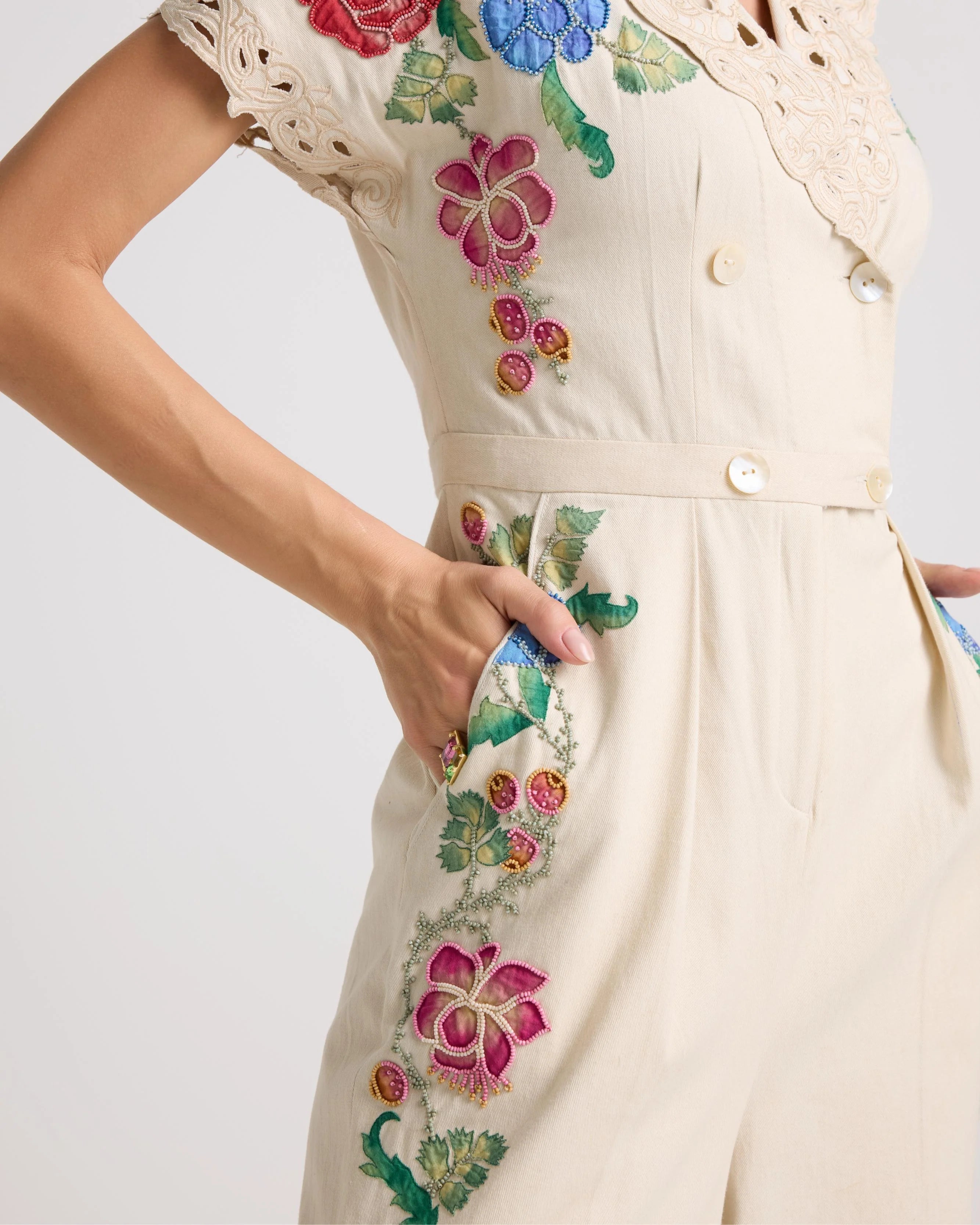 Ivory Floral Applique And Beadwork Jumpsuit