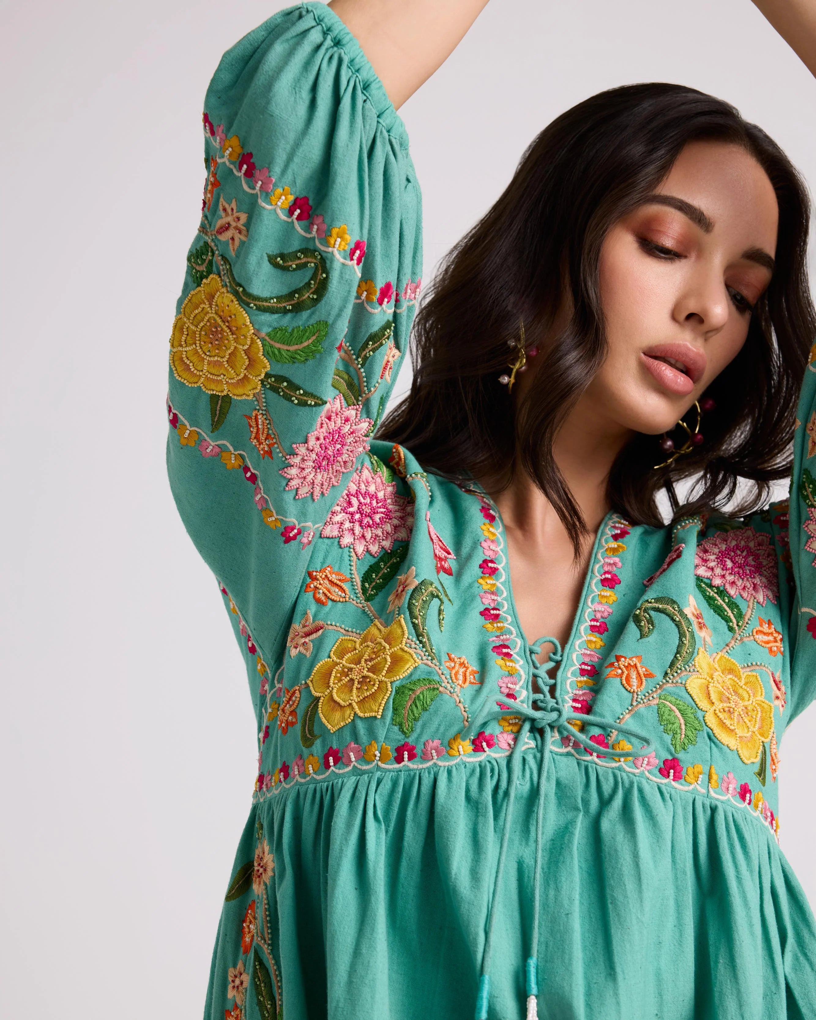 Aqua Embroidered Gathered Dress