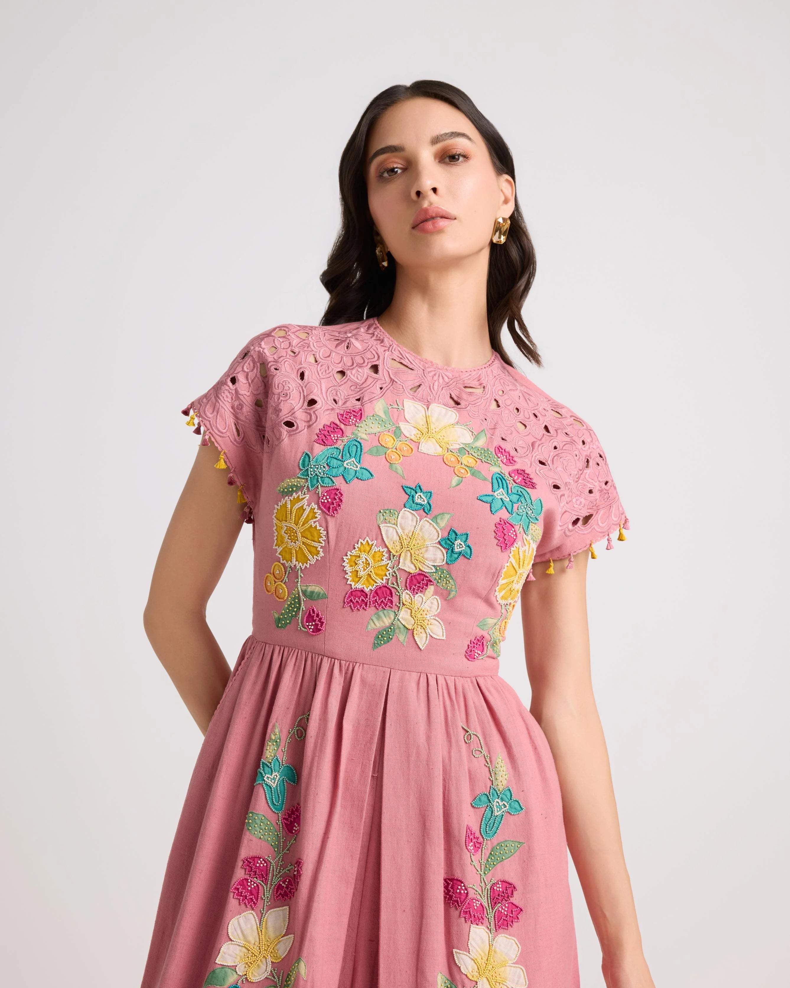 Blush Floral Applique And Cutwork Midi Dress